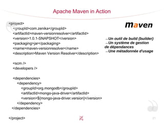 21
Apache Maven in Action
<project>
<groupId>com.zenika</groupId>
<artifactId>maven-versionresolver</artifactId>
<version>1.0.1-SNAPSHOT</version>
<packaging>jar</packaging>
<name>maven-versionresolver</name>
<description>Maven Version Resolver</description>
<scm />
<developers />
<dependencies>
<dependency>
<groupId>org.mongodb</groupId>
<artifactId>mongo-java-driver</artifactId>
<version>${mongo-java-driver.version}</version>
</dependency>
</dependencies>
</project>
→Un outil de build (builder)
→Un système de gestion
de dépendances
→Une métadonnée d'usage
 