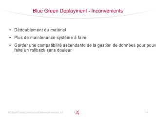 NCBuildToolsContinuousDeliveryAvanced_v2 14
Blue Green Deployment - Inconvénients
●
Dédoublement du matériel
●
Plus de maintenance système à faire
●
Garder une compatibilité ascendante de la gestion de données pour pouv
faire un rollback sans douleur
 