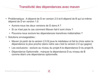 NCBuildToolsContinuousDeliveryAvanced_v2 21
Transitivité des dépendances avec maven
●
Problématique : A dépend de D en version 2.0 et A dépend de B qui lui-même
dépend de D en version 1.0.
●
Aurons-nous les deux versions de D dans A ?
●
Si ce n'est pas le cas comment Maven fait-il sont choix ?
●
Pouvons-nous exclure les dépendances transitives indésirables ?
●
Solutions envisageables :
●
Maven (à partir de la version 2.0.9) joue le médiateur et fait le choix selon la
dépendance la plus proche (dans notre cas c'est la version 2.0 qui gagne)
●
Les exclusions : exclure au niveau du projet A la dépendance D du projet B.
●
Dépendance Optionnelle : marquer la dépendance D au niveau de B
comme étant une dépendance optionnelle.
 