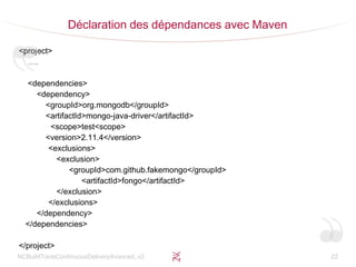 NCBuildToolsContinuousDeliveryAvanced_v2 22
Déclaration des dépendances avec Maven
<project>
….
<dependencies>
<dependency>
<groupId>org.mongodb</groupId>
<artifactId>mongo-java-driver</artifactId>
<scope>test<scope>
<version>2.11.4</version>
<exclusions>
<exclusion>
<groupId>com.github.fakemongo</groupId>
<artifactId>fongo</artifactId>
</exclusion>
</exclusions>
</dependency>
</dependencies>
</project>
 