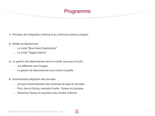 NCBuildToolsContinuousDeliveryAvanced_v2 3
Programme
1) Principes de l'intégration continue et du continuous delivery (rappel)
2) Modes de déploiement
– Le mode "Blue-Green Deployment"
– Le mode "Toggle Feature"
3) La gestion des dépendances dans le monde Java pour le build
– Les différents cas d'usages
– La gestion de dépendances sous maven et gradle
4) Automatisation Migration des données
– principe d'automatisation des schémas de base de données
– Pour Java et Spring, exemple d'outils : Flyway et Liquibase
– Workshop Flyway et Liquibase avec Gradle et Maven
 