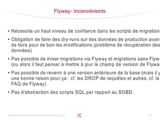 NCBuildToolsContinuousDeliveryAvanced_v2 32
Flyway- Inconvénients
●
Nécessite un haut niveau de confiance dans les scripts de migration
●
Obligation de faire des dry-runs sur des données de production avant
de faire pour de bon les modifications (problème de récupération des
données)
●
Pas possible de mixer migrations via Flyway et migrations sans Flywa
(ou alors il faut penser à mettre à jour le champ de version de Flyway
●
Pas possible de revenir à une version antérieure de la base (mais il y
une bonne raison pour ça : cf. les DROP de requêtes et autres, cf. la
FAQ de Flyway)
●
Pas d'abstraction des scripts SQL par rapport au SGBD.
 