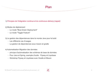 NCBuildToolsContinuousDeliveryAvanced_v2 4
Plan
1) Principes de l'intégration continue et du continuous delivery (rappel)
2) Modes de déploiement
– Le mode "Blue-Green Deployment"
– Le mode "Toggle Feature"
3) La gestion des dépendances dans le monde Java pour le build
– Les différents cas d'usages
– La gestion de dépendances sous maven et gradle
4) Automatisation Migration des données
– principe d'automatisation des schémas de base de données
– Pour Java et Spring, exemple d'outils : Flyway et Liquibase
– Workshop Flyway et Liquibase avec Gradle et Maven
 