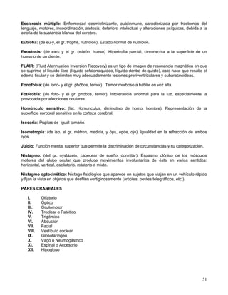 51
Esclerosis múltiple: Enfermedad desmielinizante, autoinmune, caracterizada por trastornos del
lenguaje, motores, incoordinación, atetosis, deterioro intelectual y alteraciones psíquicas, debida a la
atrofia de la sustancia blanca del cerebro.
Eutrofia: (de eu-y, el gr. trophé, nutrición). Estado normal de nutrición.
Exostosis: (de exo- y el gr. osteón, hueso). Hipertrofia parcial, circunscrita a la superficie de un
hueso o de un diente.
FLAIR: (Fluid Atennuation Inversion Recovery) es un tipo de imagen de resonancia magnética en que
se suprime el líquido libre (líquido cefalorraquideo, líquido dentro de quiste), esto hace que resalte el
edema tisular y se delimiten muy adecuadamente lesiones preriventriculares y subaracnoideas.
Fonofobia: (de fono- y el gr. phóbos, temor). Temor morboso a hablar en voz alta.
Fotofobia: (de foto- y el gr. phóbos, temor). Intolerancia anormal para la luz, especialmente la
provocada por afecciones oculares.
Homúnculo sensitivo: (lat. Homunculus, diminutivo de homo, hombre). Representación de la
superficie corporal sensitiva en la corteza cerebral.
Isocoria: Pupilas de igual tamaño.
Isometropía: (de iso, el gr. métron, medida, y óps, opós, ojo). Igualdad en la refracción de ambos
ojos.
Juicio: Función mental superior que permite la discriminación de circunstancias y su categorización.
Nistagmo: (del gr. nystázein, cabecear de sueño, dormitar). Espasmo clónico de los músculos
motores del globo ocular que produce movimientos involuntarios de éste en varios sentidos:
horizontal, vertical, oscilatorio, rotatorio o mixto.
Nistagmo optocinético: Nistago fisiológico que aparece en sujetos que viajan en un vehículo rápido
y fijan la vista en objetos que desfilan vertiginosamente (árboles, postes telegráficos, etc.).
PARES CRANEALES
I. Olfatorio
II. Óptico
III. Oculomotor
IV. Troclear o Patético
V. Trigémino
VI. Abductor
VII. Facial
VIII. Vestíbulo coclear
IX. Glosofaríngeo
X. Vago o Neumogástrico
XI. Espinal o Accesorio
XII. Hipogloso
 