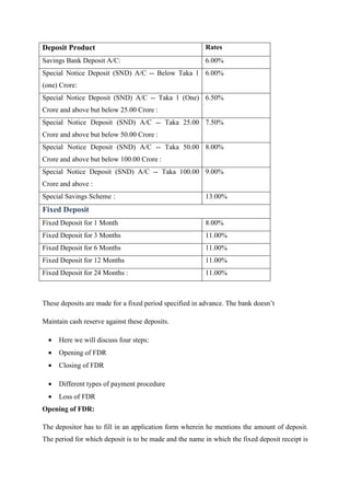 Deposit Product Rates
Savings Bank Deposit A/C: 6.00%
Special Notice Deposit (SND) A/C -- Below Taka 1
(one) Crore:
6.00%
Special Notice Deposit (SND) A/C -- Taka 1 (One)
Crore and above but below 25.00 Crore :
6.50%
Special Notice Deposit (SND) A/C -- Taka 25.00
Crore and above but below 50.00 Crore :
7.50%
Special Notice Deposit (SND) A/C -- Taka 50.00
Crore and above but below 100.00 Crore :
8.00%
Special Notice Deposit (SND) A/C -- Taka 100.00
Crore and above :
9.00%
Special Savings Scheme : 13.00%
Fixed Deposit
Fixed Deposit for 1 Month 8.00%
Fixed Deposit for 3 Months 11.00%
Fixed Deposit for 6 Months 11.00%
Fixed Deposit for 12 Months 11.00%
Fixed Deposit for 24 Months : 11.00%
These deposits are made for a fixed period specified in advance. The bank doesn’t
Maintain cash reserve against these deposits.
• Here we will discuss four steps:
• Opening of FDR
• Closing of FDR
• Different types of payment procedure
• Loss of FDR
Opening of FDR:
The depositor has to fill in an application form wherein he mentions the amount of deposit.
The period for which deposit is to be made and the name in which the fixed deposit receipt is
 