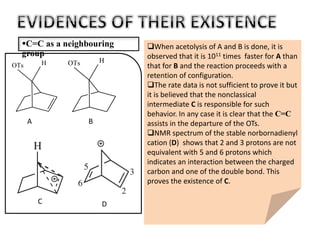 C=C as a neighbouring
group
OTs H OTs H
A B
When acetolysis of A and B is done, it is
observed that it is 1011 times faster for A than
that for B and the reaction proceeds with a
retention of configuration.
The rate data is not sufficient to prove it but
it is believed that the nonclassical
intermediate C is responsible for such
behavior. In any case it is clear that the C=C
assists in the departure of the OTs.
NMR spectrum of the stable norbornadienyl
cation (D) shows that 2 and 3 protons are not
equivalent with 5 and 6 protons which
indicates an interaction between the charged
carbon and one of the double bond. This
proves the existence of C.
C D
 