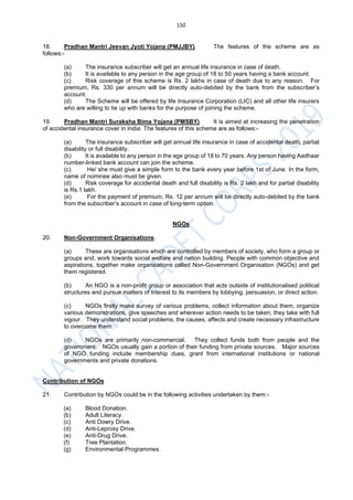 150
18. Pradhan Mantri Jeevan Jyoti Yojana (PMJJBY). The features of the scheme are as
follows:-
(a) The insurance subscriber will get an annual life insurance in case of death.
(b) It is available to any person in the age group of 18 to 50 years having a bank account.
(c) Risk coverage of this scheme is Rs. 2 lakhs in case of death due to any reason. For
premium, Rs. 330 per annum will be directly auto-debited by the bank from the subscriber’s
account.
(d) The Scheme will be offered by life Insurance Corporation (LIC) and all other life insurers
who are willing to tie up with banks for the purpose of joining the scheme.
19. Pradhan Mantri Suraksha Bima Yojana (PMSBY). It is aimed at increasing the penetration
of accidental insurance cover in India. The features of this scheme are as follows:-
(a) The insurance subscriber will get annual life insurance in case of accidental death, partial
disability or full disability.
(b) It is available to any person in the age group of 18 to 70 years. Any person having Aadhaar
number-linked bank account can join the scheme.
(c) He/ she must give a simple form to the bank every year before 1st of June. In the form,
name of nominee also must be given.
(d) Risk coverage for accidental death and full disability is Rs. 2 lakh and for partial disability
is Rs.1 lakh.
(e) For the payment of premium, Rs. 12 per annum will be directly auto-debited by the bank
from the subscriber’s account in case of long-term option.
NGOs
20. Non-Government Organisations.
(a) These are organisations which are controlled by members of society, who form a group or
groups and, work towards social welfare and nation building. People with common objective and
aspirations, together make organisations called Non-Government Organisation (NGOs) and get
them registered.
(b) An NGO is a non-profit group or association that acts outside of institutionalised political
structures and pursue matters of interest to its members by lobbying, persuasion, or direct action.
(c) NGOs firstly make survey of various problems, collect information about them, organize
various demonstrations, give speeches and wherever action needs to be taken, they take with full
vigour. They understand social problems, the causes, affects and create necessary infrastructure
to overcome them.
(d) NGOs are primarily non-commercial. They collect funds both from people and the
government. NGOs usually gain a portion of their funding from private sources. Major sources
of NGO funding include membership dues, grant from international institutions or national
governments and private donations.
Contribution of NGOs
21. Contribution by NGOs could be in the following activities undertaken by them:-
(a) Blood Donation.
(b) Adult Literacy.
(c) Anti Dowry Drive.
(d) Anti-Leprosy Drive.
(e) Anti-Drug Drive.
(f) Tree Plantation.
(g) Environmental Programmes.
 