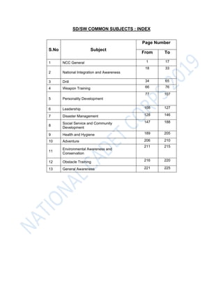 SD/SW COMMON SUBJECTS : INDEX
S.No Subject
Page Number
From To
1 NCC General 1 17
2 National Integration and Awareness
18 33
3 Drill 34 65
4 Weapon Training 66 76
5 Personality Development
77 107
6 Leadership 108 127
7 Disaster Management 128 146
8
Social Service and Community
Development
147 188
9 Health and Hygiene 189 205
10 Adventure 206 210
11
Environmental Awareness and
Conservation
211 215
12 Obstacle Training 216 220
13 General Awareness 221 225
 
