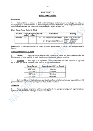 75
CHAPTER WT - IV
SHORT RANGE FIRING
Introduction
1. Jis tarah bimar ke lakshan ko dekh kar bimari ka pata chalta hain, usi tarah, target par goliyon ki
maar ya group ka vishleshan karne se, hone wali galtiya ka pata chalta hain. Group me goliyon ki maar aur
unke failav ko dekh kar firer ki kabliayat ka asani se pata lagaya ja sakta hai.
Short Range Firing (Point 22 Rifle)
Practice Target
Type
Range in
Yards
Rounds Instructions Scoring
Deliberate 1’ x 1’ 25 10 (a) Position lying supported
(b) One practice of 5 rounds
Bull & Inner – 03 points
Magpie – 02 points
Outer – 01 points
HPs – 15 points
Note:- Out of 12 rounds authorized per cadets, 2 rounds will be pooled for zeroing and re-classification of
failures.
Aiming and Alteration of Sight
2. Zarurat. Firing ke dauran agar yeh pata chalta hai ki, durust aim aur firing ke babzood goli
POA se upar ya niche lagti hai to, back sight ko adjust karke setting karna zaruri hai.
3. Elevation. Back sight ko jo adjustment karni hai who niche diye table ki madad se ki ja sakti
hai jis men, 100 yds pe jo change karte hain, us se MPI kitni badalti hai.
Range Target Rise or Drop of MPI on Target
200 Yards 6 inches
300 Yards 12 inches
400 Yards 18 inches
500 Yards 24 inches
4. Sight men 50 yards ki alteration se, upar diye hue effect adhe ho jate hain, aur agar sight men 200
yards ki alteration ki jati hai to, upar diya hua effect double ho jatahai.
Sankshep
5. Range pe durust firing karna sabhi ka kartavya hai. Is liye agar goli target pe nahi lagti hai to turant
sight men alteration karke goli target pe marna zaruri hain.
 