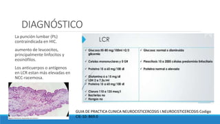 DIAGNÓSTICO
GUIA DE PRACTICA CLINICA NEUROCISTICERCOSIS I.NEUROCISTICERCOSIS Codigo
CIE-10: B69.0
La punción lumbar (PL)
contraindicada en HIC.
aumento de leucocitos,
principalmente linfocitos y
eosinófilos.
Los anticuerpos o antígenos
en LCR estan más elevadas en
NCC-racemosa.
 