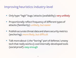 Improving heuristics: industry-level
 Only hype “legit” bugs / attacks (availability): very unlikely
 Proportionally ref...