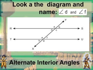 Alternate Interior Angles
Look a the diagram and
name:
 