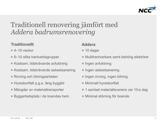 Traditionell renovering jämfört med 
Addera badrumsrenovering 
Traditionellt Addera 
4–10 veckor 
6–10 olika hantverksgrupper 
Kostsam, tidskrävande avfuktning 
Kostsam, tidskrävande asbestsanering 
Rivning och bilningsarbeten 
Hyresbortfall p.g.a. lång byggtid 
Mängder av materialtransporter 
Byggarbetsplats i de boendes hem 
10 dagar 
Multihantverkare samt behörig elektriker 
Ingen avfuktning 
Ingen asbestsanering 
Ingen rivning, ingen bilning 
Minimalt hyresbortfall 
1 samlad materialleverans var 10:e dag 
Minimal störning för boende 
2011-09-09 NCC AB 2 
 