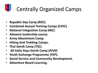 • Republic Day Camp (RDC)
• Combined Annual Training Camps (CATC)
• National Integration Camp (NIC)
• Advance leadership course.
• Army Attachment Camp.
• Hiking And Trekking Camps.
• Thal Sainik Camp (TSC)
• All India Vayu Sainik Camp (AIVSC
• Youth Exchange Programme (YEP).
• Social Service and Community Development.
• Adventure Based Learning.
Centrally Organized Camps
 