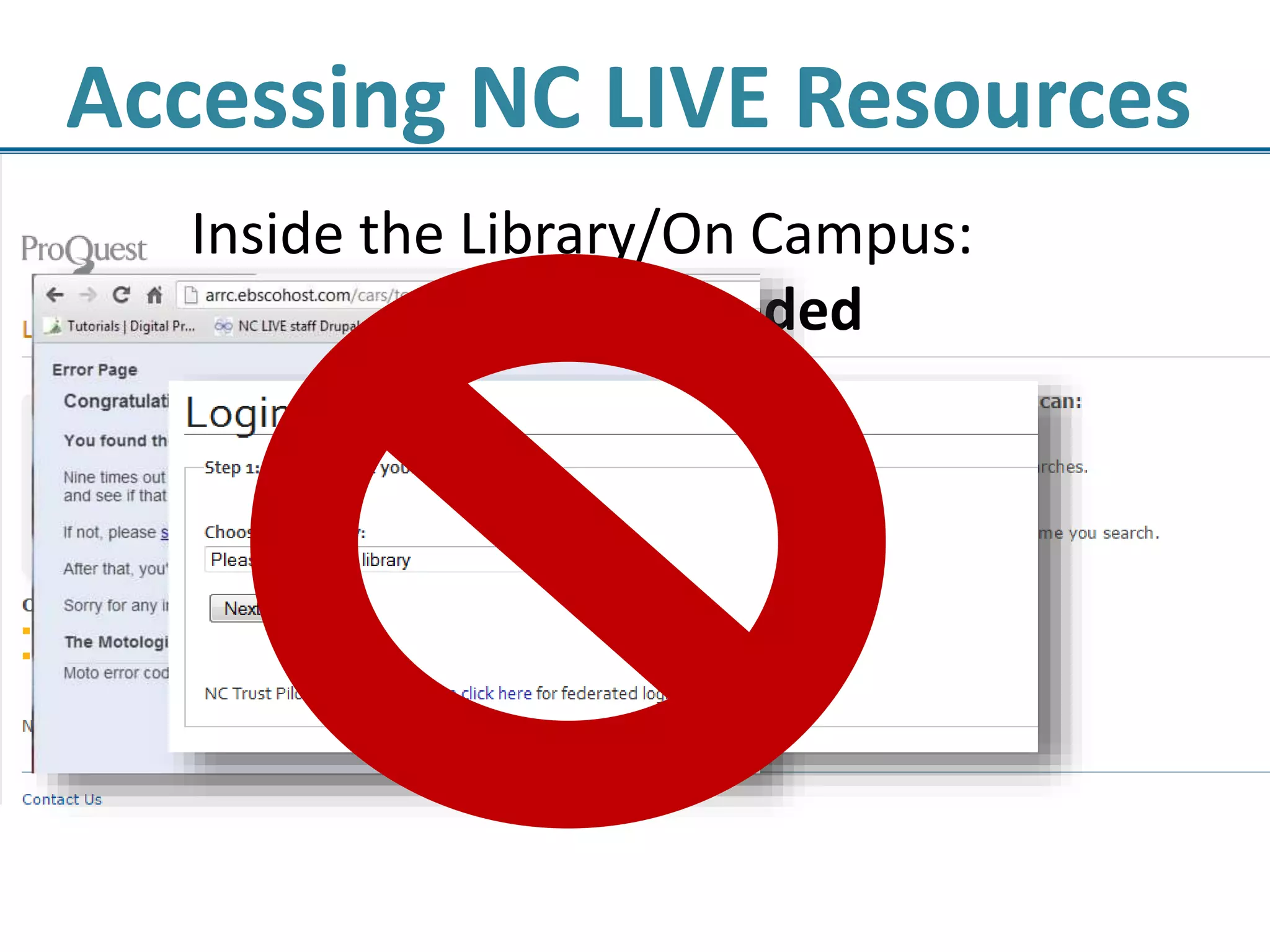 Accessing NC LIVE Resources
Inside the Library/On Campus:
No login ever needed
 