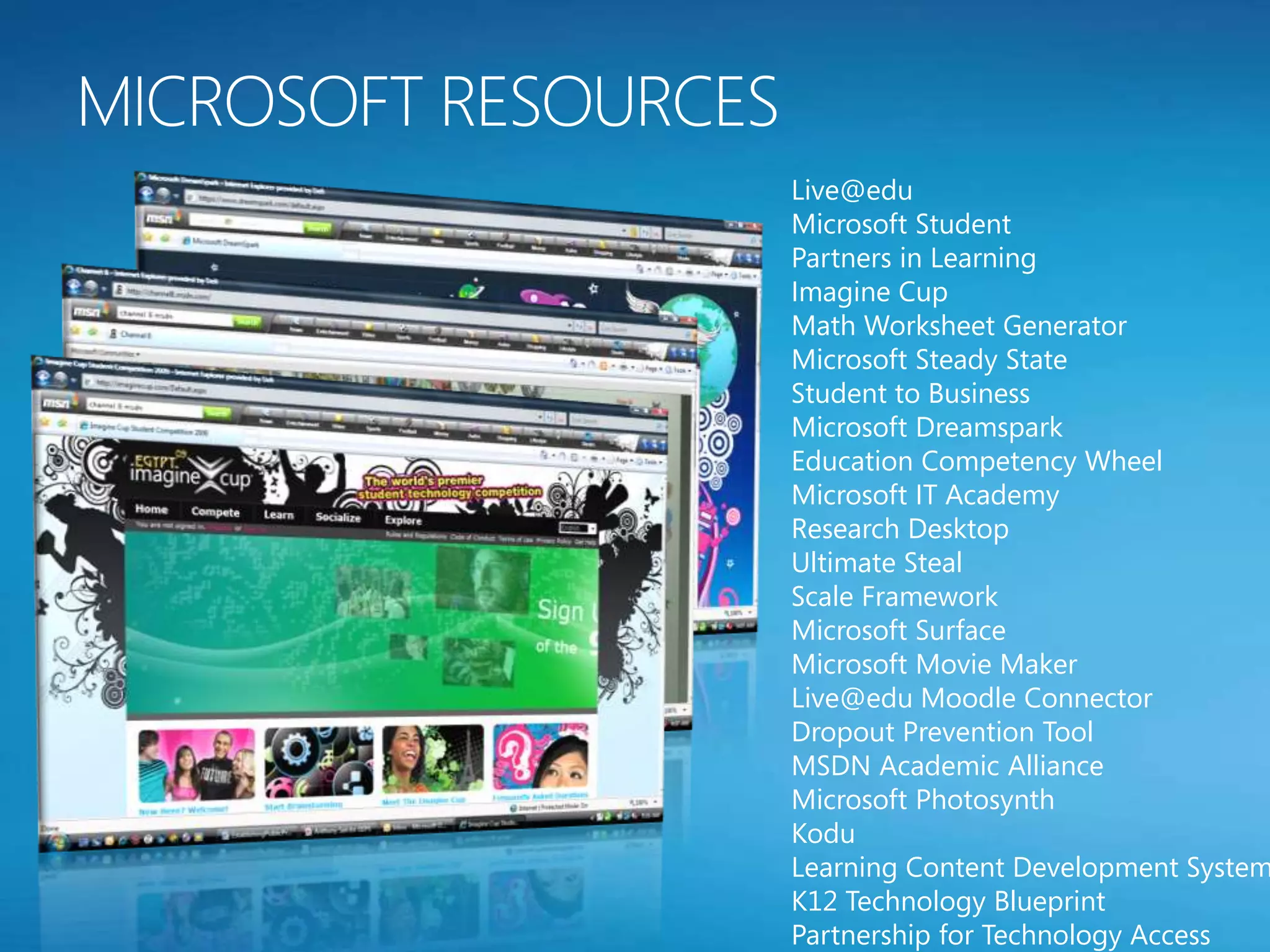 Live@edu
Microsoft Student
Partners in Learning
Imagine Cup
Math Worksheet Generator
Microsoft Steady State
Student to Business
Microsoft Dreamspark
Education Competency Wheel
Microsoft IT Academy
Research Desktop
Ultimate Steal
Scale Framework
Microsoft Surface
Microsoft Movie Maker
Live@edu Moodle Connector
Dropout Prevention Tool
MSDN Academic Alliance
Microsoft Photosynth
Kodu
Learning Content Development System
K12 Technology Blueprint
Partnership for Technology Access
 