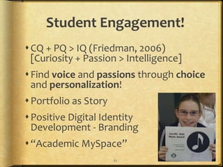 Artifacts represent integration of technology in most curriculum areas (i.e., Language Arts, Social Studies, Science, Math) (in GoogleDocs?)Blogging* by eMail*the act of sharing yourselfTumblrPosterousSet up account on websiteSend email to: myaccount.tumblr.comiPhone AppCall in your posts for audio post to blogCross-post to Facebook & TwitterJust email to post@posterous.com iPhone AppCross-post to Facebook & Twitter