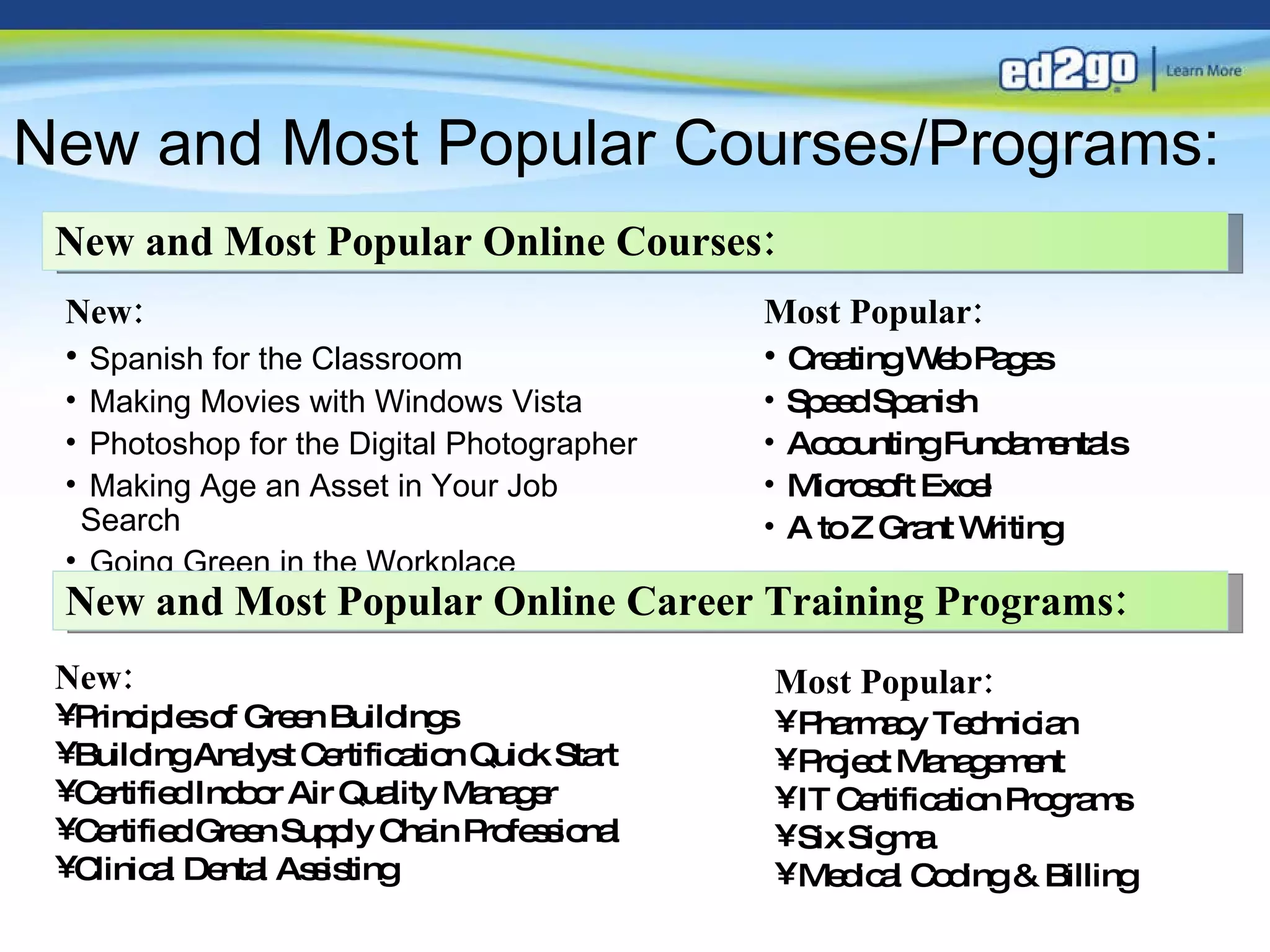 New and Most Popular Courses/Programs: Most Popular: Pharmacy Technician Project Management IT Certification Programs Six Sigma Medical Coding & Billing  New and Most Popular Online Courses: New: Spanish for the Classroom Making Movies with Windows Vista Photoshop for the Digital Photographer Making Age an Asset in Your Job Search Going Green in the Workplace  New and Most Popular Online Career Training Programs: New: Principles of Green Buildings Building Analyst Certification Quick Start Certified Indoor Air Quality Manager Certified Green Supply Chain Professional Clinical Dental Assisting  Most Popular: Creating Web Pages Speed Spanish Accounting Fundamentals Microsoft Excel A to Z Grant Writing 