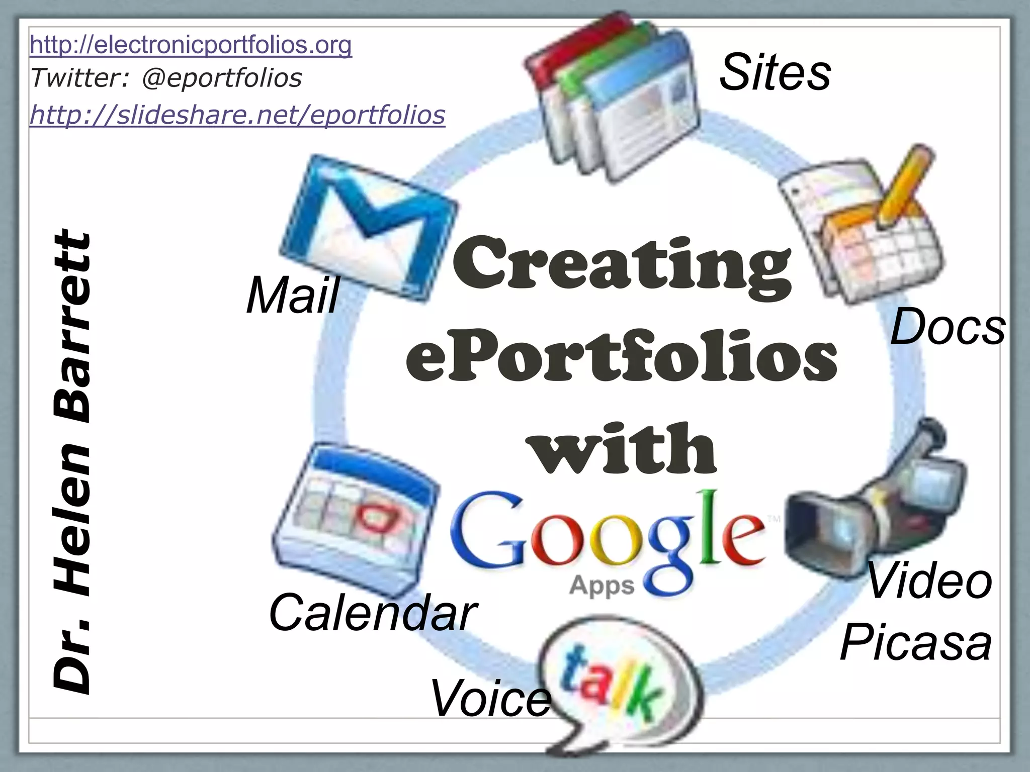 http://electronicportfolios.orgTwitter: @eportfolioshttp://slideshare.net/eportfoliosSitesMailCreating ePortfolioswithDocsDr. Helen BarrettVideoPicasaCalendarVoice