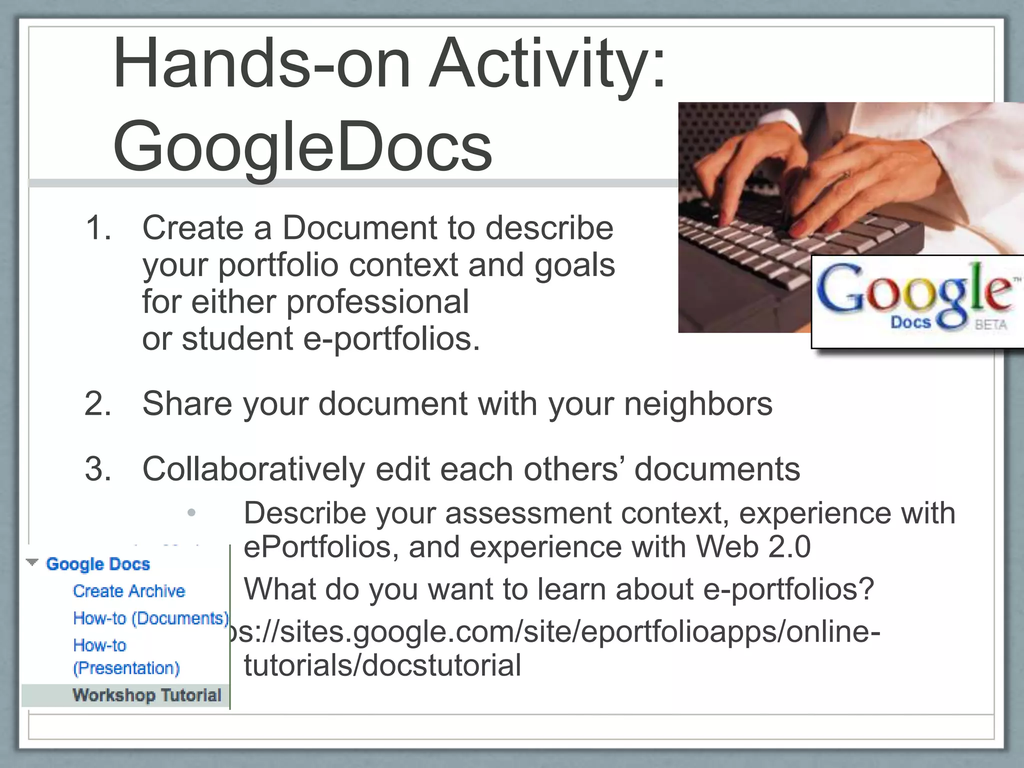 ProcessPurpose. Decide on the purpose for the portfolio. What are you trying to show with this portfolio?Collection/Classification. What artifacts will you include in your portfolio? How will you classify these entries? (Level 1)Reflection. Blog entries provide an opportunity for reflection "in the present tense" or "reflection in action.” (Level 2)Connection/Interaction/Dialogue/Feedback. This stage provides an opportunity for interaction and feedback on the work posted in the portfolio. (Level 2)Summative Reflection/Selection/Evaluation. Students would write a reflection that looks back over the course (or program) and provides a meta-analysis of the learning experience as represented in the reflections stored in the blog/journal entries. (Level 3)Presentation/Publishing. The portfolio developer decides what parts of the portfolio are to be made public. (Level 3)REPEAT for each learning activity or artifact.