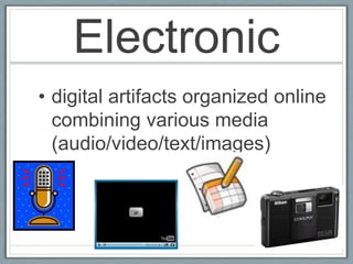 Electronicdigital artifacts organized online combining various media (audio/video/text/images)
