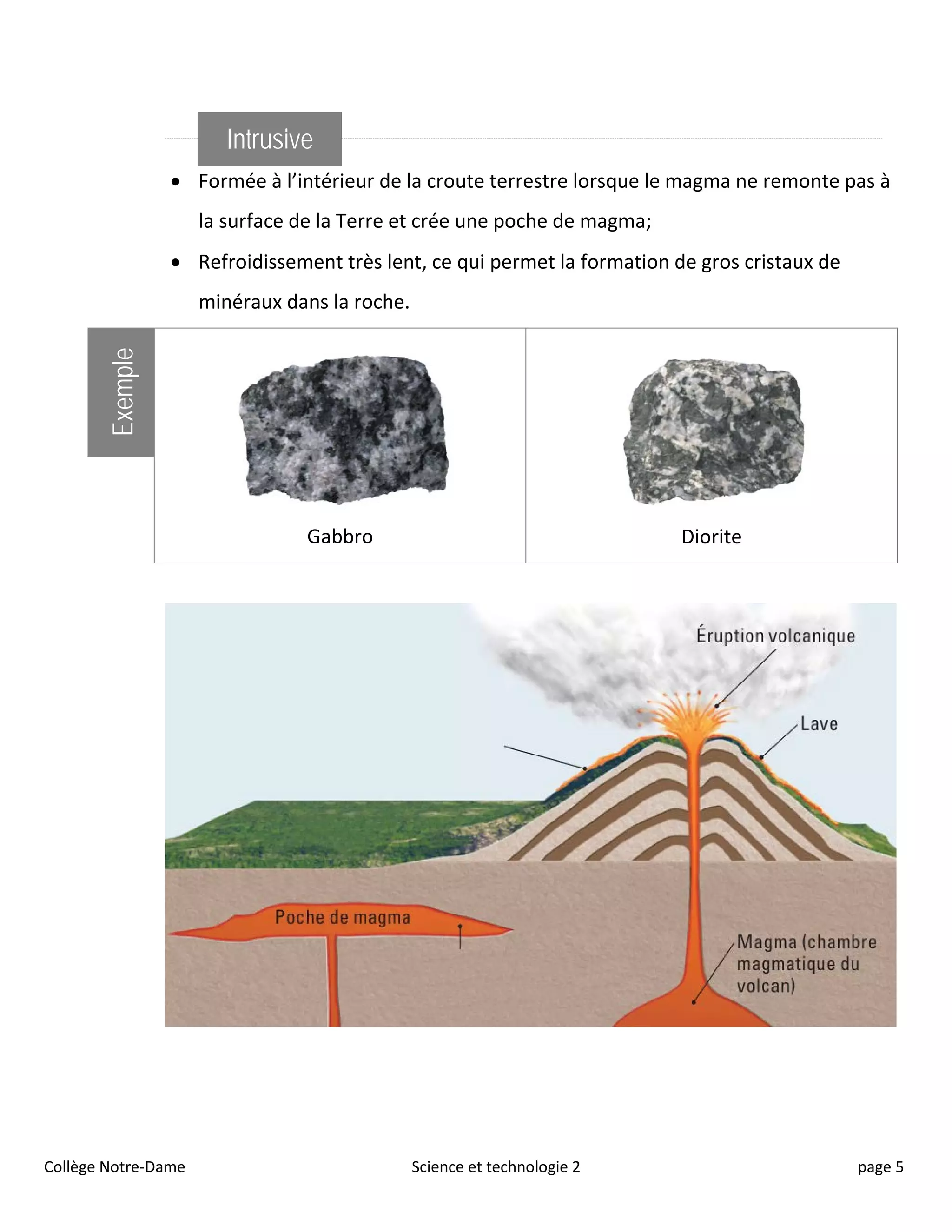 Intrusive
• Formée à l’intérieur de la croute terrestre lorsque le magma ne remonte pas à
la surface de la Terre et crée une poche de magma;
• Refroidissement très lent, ce qui permet la formation de gros cristaux de
minéraux dans la roche.
Exemple
Gabbro Diorite
Collège Notre-Dame Science et technologie 2 page 5
 