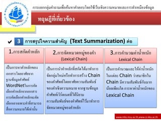 เป็นการคานวณและให้ค่าน้าหนัก
ในแต่ละ Chain ว่าสมาชิกใน
Chain มีความสัมพันธ์กันมาก
น้อยเพียงใด การหาค่าน้าหนักของ
Lexical Chain
เป็นการนาคาหลักที่สกัดได้มาทาการ
จัดกลุ่มใหม่หรือทาการสร้าง Chain
ของคาศัพท์โดยอาศัยความสัมพันธ์
ของคาเชิงความหมาย จากฐานข้อมูล
คาศัพท์เวิร์ดเนตที่ได้นิยาม
ความสัมพันธ์ของคาศัพท์ไว้มาทาการ
จัดหมวดหมู่ของคาหลัก
เป็นการหาคาหลักของ
เอกสารโดยอาศัยจาก
ฐานข้อมูลคาศัพท์
WordNetในการคัด
เลือกคาหลักจากเอกสาร
การคัดเลือกคาหลักจะคัด
เลือกเอาเฉพาะคาที่สามารถ
สื่อความหมายได้เท่านั้น
ทฤษฎีที่เกี่ยว้้อง
www.mbs.msu.ac.th,www.cs.kku.ac.th
การแยกกลุ่มคาถามเพื่อค้นหาคาตอบโดยใช้เว็บเชิงความหมายและการทาเหมืองข้อมูล
3 การสรุปใจความสาคัญ (Text Summarization) ต่อ
1.การสกัดคาหลัก 2.การจัดหมวดหมู่ของคา
(Lexical Chain)
3.การคานวณค่าน้าหนัก
Lexical Chain
 