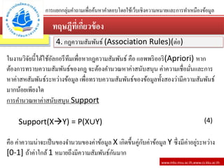 ทฤษฎีที่เกี่ยว้้อง
www.mbs.msu.ac.th,www.cs.kku.ac.th
การแยกกลุ่มคาถามเพื่อค้นหาคาตอบโดยใช้เว็บเชิงความหมายและการทาเหมืองข้อมูล
4. กฎความสัมพันธ์ (Association Rules)(ต่อ)
ในงานวิจัยนี้ได้ใช้อัลกอรึทึมเพื่อหากฎความสัมพันธ์ คือ แอพพริออริ(Apriori) หาก
ต้องการทราบความสัมพันธ์ของกฎ จะต้องคานวณหาค่าสนับสนุน ค่าความเชื่อมั่นและการ
หาค่าสหสัมพันธ์ระหว่างข้อมูล เพื่อทราบความสัมพันธ์ของข้อมูลทั้งสองว่ามีความสัมพันธ์
มากน้อยเพียงใด
การคานวณหาค่าสนับสนุน Support
Support(XY) = P(X∪Y)
คือ ค่าความน่าจะเป็นของจานวนของค่าข้อมูล X เกิดขึ้นคู่กับค่าข้อมูล Y ซึ่งมีค่าอยู่ระหว่าง
[0-1] ถ้าค่าใกล้1 หมายถึงมีความสัมพันธ์กันมาก
(4)
 