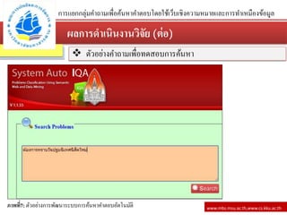 ผลการดาเนินงานวิจัย (ต่อ)
www.mbs.msu.ac.th,www.cs.kku.ac.th
การแยกกลุ่มคาถามเพื่อค้นหาคาตอบโดยใช้เว็บเชิงความหมายและการทาเหมืองข้อมูล
 ตัวอย่างคาถามเพื่อทดสอบการค้นหา
ภาพที่7: ตัวอย่างการพัฒนาระบบการค้นหาคาตอบอัตโนมัติ
 