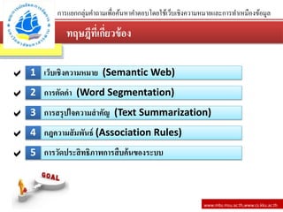 ทฤษฎีที่เกี่ยว้้อง
www.mbs.msu.ac.th,www.cs.kku.ac.th
การแยกกลุ่มคาถามเพื่อค้นหาคาตอบโดยใช้เว็บเชิงความหมายและการทาเหมืองข้อมูล
1 เว็บเชิงความหมาย (Semantic Web)
2 การตัดคา (Word Segmentation)
3 การสรุปใจความสาคัญ (Text Summarization)
4 กฎความสัมพันธ์ (Association Rules)
5 การวัดประสิทธิภาพการสืบค้น้องระบบ





 