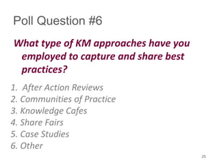 Poll Question #6
What type of KM approaches have you
employed to capture and share best
practices?
1. After Action Reviews
2. Communities of Practice
3. Knowledge Cafes
4. Share Fairs
5. Case Studies
6. Other
25
 