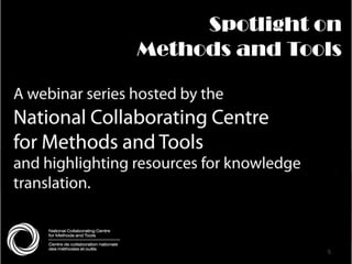 Follow us @nccmt Suivez-nous @ccnmo
Your profession?
Put a √ on your answer (or RSVP via email)
/
Epidemiologist Management (director,
supervisor, etc.)
Allied health
professionals (nurse,
dietician, dental
hygenist, etc.)
Librarian Physician / Dentist Other
5
 