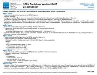 NCCN Guidelines Version 5.2023
Breast Cancer
Version 5.2023, 12/05/23 © 2023 National Comprehensive Cancer Network®
(NCCN®
), All rights reserved. NCCN Guidelines®
and this illustration may not be reproduced in any form without the express written permission of NCCN.
NCCN Guidelines Index
Table of Contents
Discussion
UPDATES
Updates in Version 1.2023 of the NCCN Guidelines for Breast Cancer from Version 4.2022 include:
BINV-L (1 of 9)
• Preoperative/adjuvant therapy regimens, HER2-Negative:
• Preferred regimens:
• 1st regimen modified: Dose-dense AC (doxorubicin/cyclophosphamide) followed or preceded by paclitaxel every 2 weeks
• 2nd regimen modified: Dose-dense AC (doxorubicin/cyclophosphamide) followed or preceded by weekly paclitaxel
• Footnote g modified: The use of platinum agents in the adjuvant setting is not recommended. If platinum agents are included in an anthracycline-based
regimen, the optimal sequence of chemotherapy and choice of taxane agent is not established. Carboplatin may be used as part of the pembrolizumab
regimen.
BINV-L (4 of 9)
• Preoperative/adjuvant therapy regimens, HER2- Preferred Regimens:
Preoperative pembrolizumab + chemotherapy followed by adjuvant pembrolizumab
◊ Preoperative
– Modified: Carboplatin AUC 5 IV Day 1 Or Carboplatin AUC 1.5 IV Days 1, 8, 15
• Footnote removed: There is also a capsule formulation available. However, do not substitute the capsules for the tablets on a mg-per-mg basis due to
differences in dosing and bioavailability.
BINV-L (5 of 9)
• Preoperative/adjuvant therapy regimens, HER2- Negative Regimens:
Useful in certain circumstances, CMF chemotherapy:
◊ 1st bullet modified: Cyclophosphamide 100 mg/m² PO days 1–14 (IV acceptable)
◊ Added:
– Or
– Cyclophosphamide 600 mg/m2
IV day 1
– Methotrexate 40 mg/ m2
IV day 1
– 5-fluorouracil 600 mg/m2
IV day 1
– Cycled every 21 days for 8 cycles
BINV-L (9 of 9)
• Preoperative/adjuvant therapy regimens, HER2-Positive, Useful in certain circumstances:
Paclitaxel + trastuzumab + pertuzumab
◊ Added:
– Followed by:
– Trastuzumab 6 mg/kg IV;
– Pertuzumab 420 mg IV day 1;
▪ Cycled every 21 days to complete 1 y of therapy
• References have been updated.
BINV-N (3 of 5)
• Footnote c added: Postmenopausal patients with UltraLow risk in the Stockholm Tamoxifen trial had a 20-year breast cancer specific survival of 97% with
2-5 years of Tamoxifen (Esserman LJ, et al. JAMA Oncology 2017;3:1503-1510). Patients with an ultralow-risk in the MINDACT trial have shown 8-year
breast cancer specific survival above 99%. (Lopes Cardozo JMN, et al. J Clin Oncol 2022;40:1335-1345).
Printed by ann cocos on 1/21/2024 2:12:20 AM. For personal use only. Not approved for distribution. Copyright © 2024 National Comprehensive Cancer Network, Inc., All Rights Reserved.
 