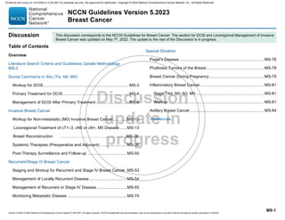 Version 5.2023 © 2023 National Comprehensive Cancer Network©
(NCCN©
), All rights reserved. NCCN Guidelines® and this illustration may not be reproduced in any form without the express written permission of NCCN.
NCCN Guidelines Version 5.2023
Breast Cancer
MS-1
Discussion
Table of Contents
Overview
Literature Search Criteria and Guidelines Update Methodology
MS-2
Ductal Carcinoma in Situ (Tis, N0, M0)
Workup for DCIS..........................................................................MS-3
Primary Treatment for DCIS.........................................................MS-4
Management of DCIS After Primary Treatment.............................MS-8
Invasive Breast Cancer
Workup for Non-metastatic (M0) Invasive Breast Cancer............MS-10
Locoregional Treatment of cT1–3, cN0 or cN+, M0 Disease ......MS-13
Breast Reconstruction …………………………………………..MS-26
Systemic Therapies (Preoperative and Adjuvant) .......................MS-30
Post-Therapy Surveillance and Follow-up ..................................MS-50
Recurrent/Stage IV Breast Cancer
Staging and Workup for Recurrent and Stage IV Breast Cancer .MS-53
Management of Locally Recurrent Disease ................................MS-54
Management of Recurrent or Stage IV Disease..........................MS-55
Monitoring Metastatic Disease ...................................................MS-74
Special Situation
Paget’s Disease ........................................................................ MS-76
Phyllodes Tumors of the Breast................................................. MS-78
Breast Cancer During Pregnancy .............................................. MS-79
Inflammatory Breast Cancer ...................................................... MS-81
Stage T4d, N0- N3, M0 .......................................................... MS-81
Workup.................................................................................. MS-81
Axillary Breast Cancer............................................................... MS-84
References
This discussion corresponds to the NCCN Guidelines for Breast Cancer. The section for DCIS and Locoregional Management of Invasive
Breast Cancer was updated on May 7th, 2022. The update to the rest of the Discussion is in progress.
Printed by ann cocos on 1/21/2024 2:12:20 AM. For personal use only. Not approved for distribution. Copyright © 2024 National Comprehensive Cancer Network, Inc., All Rights Reserved.
 
