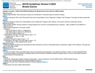 NCCN Guidelines Version 5.2023
Breast Cancer
Version 5.2023, 12/05/23 © 2023 National Comprehensive Cancer Network®
(NCCN®
), All rights reserved. NCCN Guidelines®
and this illustration may not be reproduced in any form without the express written permission of NCCN.
NCCN Guidelines Index
Table of Contents
Discussion
UPDATES
Updates in Version 1.2023 of the NCCN Guidelines for Breast Cancer from Version 4.2022 include:
BINV-N (4 of 5)
• Title of page modified: Gene expression assays for consideration of extended adjuvant systemic therapy.
BINV-P
• Systemic therapy for ER- and/or PR-positive Recurrent Unresectable (Local or Regional) or Stage IV (M1) Disease: This page has been extensively
revised.
BINV-Q
• Systemic therapy for Recurrent Unresectable (Local or Regional) or Stage IV (M1) Disease: This section has been extensively revised.
BINV-Q (10 of 14)
• Title of page modified: Dosing: Systemic Therapy Regimens for recurrent unresectable (local or regional)... (Also on BINV-R 2 and BINV-R 3)
• BINV-R (3 of 3)
• HER2-Positive Regimens (continued), added:
Neratinib
◊ 120 mg PO daily on days 1–7; followed by
◊ 160 mg PO daily on days 8–14; followed by
◊ 240 mg PO daily on days 15–21
Capecitabine 750 mg/m² PO twice daily on days 1–14
◊ Cycled every 21 days x 1 cycle
◊ Followed by
Neratinib 240 mg PO daily on days 1 – 21
Capecitabine 750 mg/m² PO twice daily on days 1–14
◊ Cycled every 21 days beginning with cycle 2
BINV-Q (13 of 14)
• Additional targeted therapies and associated biomarker testing for recurrent unresectable (local or regional) or stage IV (M1) disease: This page has
been extensively revised.
BINV-Q (14 of 14)
• References have been updated.
PREG-1
• Footnote d modified: There are limited data on the use of taxanes during pregnancy. The optimal schedule is unclear. If used, the NCCN Panel
recommends weekly administration of paclitaxel after the first trimester if clinically indicated by disease status. The use of anti-HER2 therapy is
contraindicated during pregnancy.
IBC-1
• Workup
Removed: Preoperative systemic therapy, anthracycline + taxane (preferred). If tumor HER2-positive, HER2-targeted therapy.
Added: See Preoperative/Adjuvant Therapy Regimens (BINV-L)
• Footnote removed: See Preoperative/Adjuvant Therapy Regimens (BINV-L)
ABBR-1
• A new section has been added: Abbreviations
Printed by ann cocos on 1/21/2024 2:12:20 AM. For personal use only. Not approved for distribution. Copyright © 2024 National Comprehensive Cancer Network, Inc., All Rights Reserved.
 