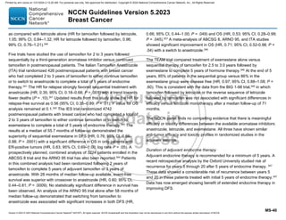 Version 5.2023 © 2023 National Comprehensive Cancer Network©
(NCCN©
), All rights reserved. NCCN Guidelines® and this illustration may not be reproduced in any form without the express written permission of NCCN.
NCCN Guidelines Version 5.2023
Breast Cancer
MS-40
as compared with letrozole alone (HR for tamoxifen followed by letrozole,
1.05; 99% CI, 0.84–1.32; HR for letrozole followed by tamoxifen, 0.96;
99% CI, 0.76–1.21).340
Five trials have studied the use of tamoxifen for 2 to 3 years followed
sequentially by a third-generation aromatase inhibitor versus continued
tamoxifen in postmenopausal patients. The Italian Tamoxifen Anastrozole
(ITA) trial randomized 426 postmenopausal patients with breast cancer
who had completed 2 to 3 years of tamoxifen to either continue tamoxifen
or to switch to anastrozole to complete a total of 5 years of endocrine
therapy.341
The HR for relapse strongly favored sequential treatment with
anastrozole (HR, 0.35; 95% CI, 0.18–0.68; P = .001) with a trend towards
fewer deaths (P = .10).341
Updated results from this study show the HR for
relapse-free survival as 0.56 (95% CI, 0.35–0.89; P = .01); P value for OS
analysis remained at 0.1.342
The IES trial randomized 4742
postmenopausal patients with breast cancer who had completed a total of
2 to 3 years of tamoxifen to either continue tamoxifen or to switch to
exemestane to complete a total of 5 years of endocrine therapy.343
The
results at a median of 55.7 months of follow-up demonstrated the
superiority of sequential exemestane in DFS (HR, 0.76; 95% CI, 0.66–
0.88; P = .0001) with a significant difference in OS in only patients with
ER-positive tumors (HR, 0.83; 95% CI, 0.69–1.00; log rank P = .05). A
prospectively planned, combined analysis of 3224 patients enrolled in the
ABCSG 8 trial and the ARNO 95 trial has also been reported.344
Patients
in this combined analysis had been randomized following 2 years of
tamoxifen to complete 5 years of adjuvant tamoxifen or 3 years of
anastrozole. With 28 months of median follow-up available, event-free
survival was superior with crossover to anastrozole (HR, 0.60; 95% CI,
0.44–0.81; P = .0009). No statistically significant difference in survival has
been observed. An analysis of the ARNO 95 trial alone after 58 months of
median follow-up demonstrated that switching from tamoxifen to
anastrozole was associated with significant increases in both DFS (HR,
0.66; 95% CI, 0.44–1.00; P = .049) and OS (HR, 0.53; 95% CI, 0.28–0.99;
P = .045).327 A meta-analysis of ABCSG 8, ARNO 95, and ITA studies
showed significant improvement in OS (HR, 0.71; 95% CI, 0.52-0.98; P =
.04) with a switch to anastrozole.345
The TEAM trial compared treatment of exemestane alone versus
sequential therapy of tamoxifen for 2.5 to 3.0 years followed by
exemestane to complete 5 years of hormone therapy.346
At the end of 5
years, 85% of patients in the sequential group versus 86% in the
exemestane group were disease free (HR, 0.97; 95% CI, 0.88–1.08; P =
.60). This is consistent with the data from the BIG 1-98 trial,340
in which
tamoxifen followed by letrozole or the reverse sequence of letrozole
followed by tamoxifen was not associated with significant differences in
efficacy versus letrozole monotherapy after a median follow-up of 71
months.
The NCCN panel finds no compelling evidence that there is meaningful
efficacy or toxicity differences between the available aromatase inhibitors:
anastrozole, letrozole, and exemestane. All three have shown similar
anti-tumor efficacy and toxicity profiles in randomized studies in the
adjuvant settings.
Duration of adjuvant endocrine therapy
Adjuvant endocrine therapy is recommended for a minimum of 5 years. A
recent retrospective analysis by the Oxford University studied risk of
recurrence for years 5 through 20 after 5 years of endocrine therapy. 347
These data showed a considerable risk of recurrence between years 5
and 20 in these patients treated with initial 5 years of endocrine therapy.347
Data has now emerged showing benefit of extended endocrine therapy in
improving DFS.
Printed by ann cocos on 1/21/2024 2:12:20 AM. For personal use only. Not approved for distribution. Copyright © 2024 National Comprehensive Cancer Network, Inc., All Rights Reserved.
 
