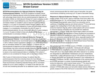Version 5.2023 © 2023 National Comprehensive Cancer Network©
(NCCN©
), All rights reserved. NCCN Guidelines® and this illustration may not be reproduced in any form without the express written permission of NCCN.
NCCN Guidelines Version 5.2023
Breast Cancer
MS-42
NCCN Recommendations for Adjuvant Endocrine Therapy for
Postmenopausal Patients: The NCCN Guidelines for Breast Cancer
recommend the following adjuvant endocrine therapy options for patients
with early-stage breast cancer who are postmenopausal at diagnosis: an
aromatase inhibitor as initial adjuvant therapy for 5 years (category 1); and
tamoxifen for 2 to 3 years followed by one of the following options: an
aromatase inhibitor to complete 5 years of adjuvant endocrine therapy
(category 1) or 5 years of aromatase inhibitor therapy (category 2B); or
tamoxifen for 4.5 to 6 years followed by 5 years of an aromatase inhibitor
(category 1) or consideration of tamoxifen for up to 10 years. In
postmenopausal patients, the use of tamoxifen alone for 5 years (category
1) or up to 10 years is limited to those who decline or who have a
contraindication to aromatase inhibitors.
NCCN Recommendations for Adjuvant Endocrine Therapy for
Premenopausal Patients: If premenopausal at diagnosis, the NCCN
Guidelines for Breast Cancer recommend 5 years of tamoxifen (category
1) with or without ovarian suppression (category 1) or ovarian suppression
plus an aromatase inhibitor for 5 years (category 1). Patients who are
premenopausal at diagnosis and who become amenorrheic with
chemotherapy may have continued estrogen production from the ovaries
without menses. Serial assessment of circulating LH, FSH, and estradiol
to assure a true postmenopausal status is mandatory if this subset of
patients is to be considered for therapy with an aromatase inhibitor.358,359
After 5 years of initial endocrine therapy, for patients who are
postmenopausal at that time (including those who have become
postmenopausal during the 5 years of tamoxifen therapy), the NCCN
Panel recommends considering extended therapy with an aromatase
inhibitor for up to 5 years (category 1) or based on the data from the
ATLAS trial considering tamoxifen for an additional 5 years. For those who
remain premenopausal after the initial 5 years of tamoxifen, the panel
recommends considering continuing up to 10 years of tamoxifen therapy.
Response to Adjuvant Endocrine Therapy: The measurement of the
nuclear antigen, Ki-67 by IHC, gives an estimate of the tumor cells in the
proliferative phase (G1, G2, and M phases) of the cell cycle. Studies have
demonstrated the prognostic value of Ki-67 as a biomarker and its
usefulness in predicting response and clinical outcome.360
One small study
suggests that measurement of Ki-67 after short-term exposure to
endocrine treatment may be useful to select patients with tumors resistant
to endocrine therapy and those who may benefit from additional
interventions.361 However, these data require larger analytic and clinical
validation. In addition, standardization of tissue handling and processing is
required to improve the reliability and value of Ki-67 testing. At this time,
there is no conclusive evidence that Ki-67 alone, especially baseline Ki-67
as an individual biomarker, helps to select the type of endocrine therapy
for an individual patient. Therefore, the NCCN Breast Cancer Panel does
not currently recommend assessment of Ki-67.
The cytochrome P-450 (CYP450) enzyme, CYP2D6, is involved in the
conversion of tamoxifen to endoxifen. Individuals with wild-type
CYP2D6 alleles are classified as extensive metabolizers of tamoxifen.
Those with one or two variant alleles with either reduced or no activity
are designated as intermediate metabolizers and poor metabolizers,
respectively. A large retrospective study of 1325 patients found that time
to disease recurrence was significantly shortened in poor metabolizers of
tamoxifen.362
However, the BIG 1-98 trial reported on the outcome based
on CYP2D6 genotype in a subset of postmenopausal patients with
endocrine-responsive, early invasive breast cancer.363
The study found no
correlation between CYP2D6 allelic status and disease outcome or
between CYP2D6 allelic status and tamoxifen-related adverse effects.363
A
genetic analysis of the ATAC trial found no association between CYP2D6
Printed by ann cocos on 1/21/2024 2:12:20 AM. For personal use only. Not approved for distribution. Copyright © 2024 National Comprehensive Cancer Network, Inc., All Rights Reserved.
 