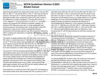 Version 5.2023 © 2023 National Comprehensive Cancer Network©
(NCCN©
), All rights reserved. NCCN Guidelines® and this illustration may not be reproduced in any form without the express written permission of NCCN.
NCCN Guidelines Version 5.2023
Breast Cancer
MS-46
postmenopausal patients with node-positive breast cancer. Five-year DFS
(55% vs. 66%; P = .03) and OS (65% vs. 76%; P =.007) both favored the
epirubicin 100 mg/m2
arm.397
Another randomized trial in patients with
ALN-positive breast cancer compared 6 cycles of FEC with 3 cycles of
FEC followed by 3 cycles of docetaxel.321
Five-year DFS (78.4% vs.
73.2%; adjusted P = .012) and OS (90.7% vs. 86.7%; P = .017) were
superior with sequential FEC followed by docetaxel. However, no
significant DFS differences were seen in a large randomized study
comparing adjuvant chemotherapy with 4 cycles of every-3-week FEC
followed by 4 cycles of every-3-week docetaxel with standard
anthracycline chemotherapy regimens (eg, FEC or epirubicin followed by
CMF) in patients with node-positive or high-risk, node-negative, operable
breast cancer.398
The addition of weekly paclitaxel after FEC was shown to be superior to
FEC alone in a randomized study of 1246 patients with early-stage breast
cancer.399 The former regimen was associated with a 23% reduction in the
risk of relapse compared with FEC (HR, 0.77; 95% CI, 0.62–0.95; P =
.022), although no significant difference in OS was seen when the two
arms were compared at a median follow-up of 66 months.
The phase III E1199 trial compared patients with node-positive or high-risk
node-negative breast cancer who received 4 cycles of AC every 3 weeks,
followed by either paclitaxel or docetaxel, either weekly or every 3 weeks.
The 10-year updated results of this trial showed that incorporation of
weekly paclitaxel and docetaxel every 3 weeks was associated with
significant improvements in DFS, and marginal improvements in OS,
compared with paclitaxel given every 3 weeks. Among patients with
triple-negative disease, the10-year DFS rate with weekly paclitaxel was
69% and the 10-year OS rate was 75%.400
Final results from a randomized trial of TAC versus FAC chemotherapy in
ALN-positive breast cancer demonstrated that TAC is superior to FAC.401
Estimated 5-year DFS was 75% with TAC and 68% with FAC (HR, 0.72;
95% CI, 0.59–0.88; P =.001); survival was 87% with TAC and 81% with
FAC (HR, 0.70; 95% CI, 0.53–0.91; P = .008). DFS favored TAC in both
ER-positive and ER-negative tumors. At a median follow-up of 73 months,
results from the 3-arm randomized NSABP B-30 trial comparing TAC
versus AT versus AC followed by docetaxel (AC followed by T)
demonstrated that AC followed by T had a significant advantage in DFS
(HR, 0.83; P = .006) but not in OS (HR, 0.86; P = .086) when compared
with TAC. In addition, both DFS (HR, 0.080; P = .001) and OS (HR, 0.83;
P = .034) were significantly increased when AC followed by T was
compared with AT, with AT demonstrating non-inferiority compared with
TAC.402
Several retrospective studies have evaluated the potential interaction of
chemotherapy benefit and ER status.58,274
These studies assessed the
effect of chemotherapy on the risk of breast cancer recurrence in patients
with ER-positive tumors receiving adjuvant endocrine therapy when
compared with patients with ER-negative tumor status not undergoing
adjuvant endocrine therapy. These analyses suggest that the benefits of
chemotherapy are significantly greater in patients with ER-negative
disease. For example, the results of Berry et al demonstrated that 22.8%
more patients with ER-negative tumors survived without disease for 5
years if they received chemotherapy; this benefit was only 7% for patients
with ER-positive tumors receiving chemotherapy.274
For patients greater than 70 years of age, the consensus of the panel is
that there are insufficient data to make definitive chemotherapy
recommendations. Although AC or CMF has been shown to be superior to
capecitabine in a randomized trial of patients aged greater than or equal to
65 years with early-stage breast cancer,403
the enrollment in that study
was discontinued early.403
Therefore, there is also a possibility that
AC/CMF is not superior to any chemotherapy in this cohort. The panel
Printed by ann cocos on 1/21/2024 2:12:20 AM. For personal use only. Not approved for distribution. Copyright © 2024 National Comprehensive Cancer Network, Inc., All Rights Reserved.
 
