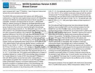 Version 5.2023 © 2023 National Comprehensive Cancer Network©
(NCCN©
), All rights reserved. NCCN Guidelines® and this illustration may not be reproduced in any form without the express written permission of NCCN.
NCCN Guidelines Version 5.2023
Breast Cancer
MS-48
years compared with 1 year.408
Therefore, 1 year of adjuvant trastuzumab
remains the current standard of treatment.
The BCIRG 006 study randomized 3222 patients with HER2-positive,
node-positive, or high-risk node-negative breast cancer to AC followed by
docetaxel; AC followed by docetaxel plus trastuzumab for one year; or
carboplatin, docetaxel, and trastuzumab for one year.411 At 65-month
follow-up, patients receiving AC followed by docetaxel with trastuzumab
(AC-TH) had an HR for DFS of 0.64 (P  .001) when compared with the
group of patients in the control arm receiving the same chemotherapy
regimen without trastuzumab (AC-T). The HR for DFS was 0.75 (P = .04)
when patients in the carboplatin/docetaxel/ trastuzumab (TCH)-containing
arm were compared to patients in the control arm. No statistically
significant difference in the HR for DFS was observed between the two
trastuzumab-containing arms. An OS advantage was reported for patients
in both trastuzumab-containing arms relative to the control arm (HR for
AC-TH vs. AC-T = 0.63; P = .001; HR for TCH vs. AC-T = 0.77; P = .04).
Cardiac toxicity was significantly lower in the TCH arm (9.4% patients with
10% relative decline in left ventricular ejection fraction) compared with
the AC-TH arm (18.6%; P  .0001). CHF was also more frequent with
AC-TH than TCH (2% vs. 0.4%; P  .001). Analysis of this trial by critical
clinical event revealed more distant breast cancer recurrences with TCH
(144 vs. 124) but fewer cardiac events with TCH compared with AC-TH (4
vs. 21).411
In the FinHer trial, 1010 patients were randomized to 9 weeks of
vinorelbine followed by 3 cycles of FEC chemotherapy versus docetaxel
for 3 cycles followed by 3 cycles of FEC chemotherapy.405
Patients (n =
232) with HER2-positive cancers that were either node-positive or
node-negative and greater than or equal to 2 cm and PR-negative were
further randomized to receive or not receive trastuzumab for 9 weeks
during the vinorelbine or docetaxel portions of the chemotherapy only.
With a median follow-up of 3 years, the addition of trastuzumab was
associated with a reduction in risk of recurrence (HR, 0.42; 95% CI, 0.21–
0.83; P = .01). No statistically significant differences in OS (HR, 0.41; 95%
CI, 0.16–1.08; P = .07) or cardiac toxicity were observed with the addition
of trastuzumab.405
At 5-year follow-up, a comparison of the two arms (ie,
chemotherapy with and without trastuzumab) demonstrated that the HRs
for distant DFS (HR, 0.65; 95% CI, 0.38–1.12; P = .12) and OS (HR, 0.55;
95% CI, 0.27–1.11; P = .094) were higher relative to those reported at 3
years.406
All of the adjuvant trials of trastuzumab have demonstrated clinically
significant improvements in DFS, and the combined analysis from the
NSABP B31 and NCCTG N9831 trials, and the HERA trial, showed
significant improvement in OS with the use of trastuzumab in patients with
high-risk, HER2-positive breast cancer. Therefore, regimens from each of
these trials are included as trastuzumab-containing adjuvant regimen
choices in the guideline. The benefits of trastuzumab are independent of
ER status.409,410
In the FNCLCC-PACS-04 trial, 528 patients with
HER2-positive, node-positive breast cancer were randomly assigned to
receive trastuzumab or observation after completion of adjuvant
anthracycline-based chemotherapy with or without docetaxel.419 No
statistically significant DFS or OS benefit was observed with the addition
of trastuzumab. These results suggest that the sequential administration of
trastuzumab following chemotherapy is not as efficacious as a schedule
involving concomitant chemotherapy and trastuzumab. The NCCN
Guidelines recommend a total of 12 months of adjuvant trastuzumab as
the standard of care. Shorter than 12-month duration has not been found
to be as effective420
and longer than 12 months duration does not have
any added benefit; it has been found to be as effective as the 12 months
of trastuzumab therapy.421
Retrospective analyses of low-risk patients with small tumors demonstrate
that in T1a-bN0 breast cancers, HER2 overexpression added a 15% to
Printed by ann cocos on 1/21/2024 2:12:20 AM. For personal use only. Not approved for distribution. Copyright © 2024 National Comprehensive Cancer Network, Inc., All Rights Reserved.
 