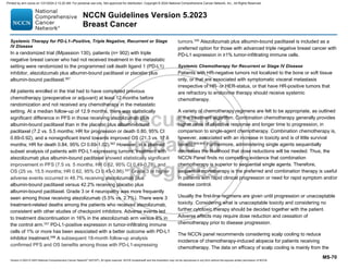 Version 5.2023 © 2023 National Comprehensive Cancer Network©
(NCCN©
), All rights reserved. NCCN Guidelines® and this illustration may not be reproduced in any form without the express written permission of NCCN.
NCCN Guidelines Version 5.2023
Breast Cancer
MS-70
Systemic Therapy for PD-L1–Positive, Triple Negative, Recurrent or Stage
IV Disease
In a randomized trial (IMpassion 130), patients (n= 902) with triple
negative breast cancer who had not received treatment in the metastatic
setting were randomized to the programmed cell death ligand 1 (PD-L1)
inhibitor, atezolizumab plus albumin-bound paclitaxel or placebo plus
albumin-bound paclitaxel.597
All patients enrolled in the trial had to have completed previous
chemotherapy (preoperative or adjuvant) at least 12 months before
randomization and not received any chemotherapy in the metastatic
setting. At a median follow-up of 12.9 months, there was statistically
significant difference in PFS in those receiving atezolizumab plus
albumin-bound paclitaxel than in the placebo plus albumin-bound
paclitaxel (7.2 vs. 5.5 months; HR for progression or death 0.80, 95% CI
0.69-0.92), and a nonsignificant trend towards improved OS (21.3 vs. 17.6
months; HR for death 0.84, 95% CI 0.69-1.02).597
However, in a planned
subset analysis of patients with PD-L1-expressing tumors, treatment with
atezolizumab plus albumin-bound paclitaxel showed statistically significant
improvement in PFS (7.5 vs. 5 months; HR 0.62, 95% CI 0.49-0.78), and
OS (25 vs. 15.5 months; HR 0.62, 95% CI 0.45-0.86).597
Grade 3 or higher
adverse events occurred in 48.7% receiving atezolizumab plus
albumin-bound paclitaxel versus 42.2% receiving placebo plus
albumin-bound paclitaxel. Grade 3 or 4 neuropathy was more frequently
seen among those receiving atezolizumab (5.5% vs. 2.7%). There were 3
treatment-related deaths among the patients who received atezolizumab,
consistent with other studies of checkpoint inhibitors. Adverse events led
to treatment discontinuation in 16% in the atezolizumab arm versus 8% in
the control arm.597
PD-L1-positive expression in tumor-infiltrating immune
cells of 1% or more has been associated with a better outcome with PD-L1
inhibitor treatment.598
A subsequent 18-month follow-up analysis
confirmed PFS and OS benefits among those with PD-L1-expressing
tumors.599
Atezolizumab plus albumin-bound paclitaxel is included as a
preferred option for those with advanced triple negative breast cancer with
PD-L1 expression in ≥1% tumor-infiltrating immune cells.
Systemic Chemotherapy for Recurrent or Stage IV Disease
Patients with HR-negative tumors not localized to the bone or soft tissue
only, or that are associated with symptomatic visceral metastasis
irrespective of HR- or HER-status, or that have HR-positive tumors that
are refractory to endocrine therapy should receive systemic
chemotherapy.
A variety of chemotherapy regimens are felt to be appropriate, as outlined
in the treatment algorithm. Combination chemotherapy generally provides
higher rates of objective response and longer time to progression, in
comparison to single-agent chemotherapy. Combination chemotherapy is,
however, associated with an increase in toxicity and is of little survival
benefit.600-604
Furthermore, administering single agents sequentially
decreases the likelihood that dose reductions will be needed. Thus, the
NCCN Panel finds no compelling evidence that combination
chemotherapy is superior to sequential single agents. Therefore,
sequential monotherapy is the preferred and combination therapy is useful
in patients with rapid clinical progression or need for rapid symptom and/or
disease control.
Usually the first-line regimens are given until progression or unacceptable
toxicity. Considering what is unacceptable toxicity and considering no
further cytotoxic therapy should be decided together with the patient.
Adverse effects may require dose reduction and cessation of
chemotherapy prior to disease progression.
The NCCN panel recommends considering scalp cooling to reduce
incidence of chemotherapy-induced alopecia for patients receiving
chemotherapy. The data on efficacy of scalp cooling is mainly from the
Printed by ann cocos on 1/21/2024 2:12:20 AM. For personal use only. Not approved for distribution. Copyright © 2024 National Comprehensive Cancer Network, Inc., All Rights Reserved.
 