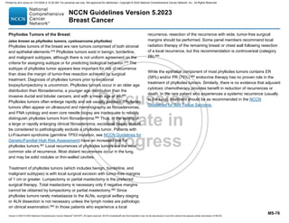 Version 5.2023 © 2023 National Comprehensive Cancer Network©
(NCCN©
), All rights reserved. NCCN Guidelines® and this illustration may not be reproduced in any form without the express written permission of NCCN.
NCCN Guidelines Version 5.2023
Breast Cancer
MS-78
Phyllodes Tumors of the Breast
(also known as phyllodes tumors, cystosarcoma phyllodes)
Phyllodes tumors of the breast are rare tumors comprised of both stromal
and epithelial elements.678 Phyllodes tumors exist in benign, borderline,
and malignant subtypes, although there is not uniform agreement on the
criteria for assigning subtype or for predicting biological behavior.679
The
subtype of phyllodes tumor appears less important for risk of recurrence
than does the margin of tumor-free resection achieved by surgical
treatment. Diagnosis of phyllodes tumors prior to excisional
biopsy/lumpectomy is uncommon. Phyllodes tumors occur in an older age
distribution than fibroadenoma, a younger age distribution than the
invasive ductal and lobular cancers, and with a mean age of 40.680
Phyllodes tumors often enlarge rapidly and are usually painless. Phyllodes
tumors often appear on ultrasound and mammography as fibroadenomas,
and FNA cytology and even core needle biopsy are inadequate to reliably
distinguish phyllodes tumors from fibroadenoma.680
Thus, in the setting of
a large or rapidly enlarging clinical fibroadenoma, excisional biopsy should
be considered to pathologically exclude a phyllodes tumor. Patients with
Li-Fraumeni syndrome (germline TP53 mutation, see NCCN Guidelines for
Genetic/Familial High Risk Assessment) have an increased risk for
phyllodes tumors.681 Local recurrences of phyllodes tumors are the most
common site of recurrence. Most distant recurrences occur in the lung,
and may be solid nodules or thin-walled cavities.
Treatment of phyllodes tumors (which includes benign, borderline, and
malignant subtypes) is with local surgical excision with tumor-free margins
of 1 cm or greater. Lumpectomy or partial mastectomy is the preferred
surgical therapy. Total mastectomy is necessary only if negative margins
cannot be obtained by lumpectomy or partial mastectomy.682
Since
phyllodes tumors rarely metastasize to the ALNs, surgical axillary staging
or ALN dissection is not necessary unless the lymph nodes are pathologic
on clinical examination.683
In those patients who experience a local
recurrence, resection of the recurrence with wide, tumor-free surgical
margins should be performed. Some panel members recommend local
radiation therapy of the remaining breast or chest wall following resection
of a local recurrence, but this recommendation is controversial (category
2B).684
While the epithelial component of most phyllodes tumors contains ER
(58%) and/or PR (75%),685
endocrine therapy has no proven role in the
treatment of phyllodes tumors. Similarly, there is no evidence that adjuvant
cytotoxic chemotherapy provides benefit in reduction of recurrences or
death. In the rare patient who experiences a systemic recurrence (usually
in the lung), treatment should be as recommended in the NCCN
Guidelines for Soft Tissue Sarcoma.
Printed by ann cocos on 1/21/2024 2:12:20 AM. For personal use only. Not approved for distribution. Copyright © 2024 National Comprehensive Cancer Network, Inc., All Rights Reserved.
 