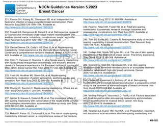 Version 5.2023 © 2023 National Comprehensive Cancer Network©
(NCCN©
), All rights reserved. NCCN Guidelines® and this illustration may not be reproduced in any form without the express written permission of NCCN.
NCCN Guidelines Version 5.2023
Breast Cancer
MS-102
231. Francis SH, Ruberg RL, Stevenson KB, et al. Independent risk
factors for infection in tissue expander breast reconstruction. Plast
Reconstr Surg 2009;124:1790-1796. Available at:
http://www.ncbi.nlm.nih.gov/pubmed/19952635.
232. Colwell AS, Damjanovic B, Zahedi B, et al. Retrospective review of
331 consecutive immediate single-stage implant reconstructions with
acellular dermal matrix: indications, complications, trends, and costs.
Plast Reconstr Surg 2011;128:1170-1178. Available at:
http://www.ncbi.nlm.nih.gov/pubmed/22094736.
233. Garcia-Etienne CA, Cody Iii HS, Disa JJ, et al. Nipple-sparing
mastectomy: initial experience at the Memorial Sloan-Kettering Cancer
Center and a comprehensive review of literature. Breast J 2009;15:440-
449. Available at: http://www.ncbi.nlm.nih.gov/pubmed/19496781.
234. Petit JY, Veronesi U, Orecchia R, et al. Nipple sparing mastectomy
with nipple areola intraoperative radiotherapy: one thousand and one
cases of a five years experience at the European institute of oncology of
Milan (EIO). Breast Cancer Res Treat 2009;117:333-338. Available at:
http://www.ncbi.nlm.nih.gov/pubmed/19152026.
235. Yueh JH, Houlihan MJ, Slavin SA, et al. Nipple-sparing
mastectomy: evaluation of patient satisfaction, aesthetic results, and
sensation. Ann Plast Surg 2009;62:586-590. Available at:
http://www.ncbi.nlm.nih.gov/pubmed/19387167.
236. Chung AP, Sacchini V. Nipple-sparing mastectomy: Where are we
now? Surg Oncol 2008;17:261-266. Available at:
http://www.ncbi.nlm.nih.gov/pubmed/18456492.
237. Gerber B, Krause A, Dieterich M, et al. The oncological safety of
skin sparing mastectomy with conservation of the nipple-areola complex
and autologous reconstruction: an extended follow-up study. Ann Surg
2009;249:461-468. Available at:
http://www.ncbi.nlm.nih.gov/pubmed/19247035.
238. Mallon P, Feron JG, Couturaud B, et al. The role of nipple-sparing
mastectomy in breast cancer: a comprehensive review of the literature.
Plast Reconstr Surg 2013;131:969-984. Available at:
http://www.ncbi.nlm.nih.gov/pubmed/23629079.
239. Piper M, Peled AW, Foster RD, et al. Total skin-sparing
mastectomy: A aystematic review of oncologic outcomes and
postoperative complications. Ann Plast Surg 2013. Available at:
http://www.ncbi.nlm.nih.gov/pubmed/23486127.
240. Toth BA, Forley BG, Calabria R. Retrospective study of the skin-
sparing mastectomy in breast reconstruction. Plast Reconstr Surg
1999;104:77-84. Available at:
http://www.ncbi.nlm.nih.gov/pubmed/10597677.
241. Carlson GW, Styblo TM, Lyles RH, et al. The use of skin sparing
mastectomy in the treatment of breast cancer: The Emory experience.
Surg Oncol 2003;12:265-269. Available at:
http://www.ncbi.nlm.nih.gov/pubmed/14998566.
242. Downes KJ, Glatt BS, Kanchwala SK, et al. Skin-sparing
mastectomy and immediate reconstruction is an acceptable treatment
option for patients with high-risk breast carcinoma. Cancer
2005;103:906-913. Available at:
http://www.ncbi.nlm.nih.gov/pubmed/15651068.
243. Foster RD, Esserman LJ, Anthony JP, et al. Skin-sparing
mastectomy and immediate breast reconstruction: a prospective cohort
study for the treatment of advanced stages of breast carcinoma. Ann
Surg Oncol 2002;9:462-466. Available at:
http://www.ncbi.nlm.nih.gov/pubmed/12052757.
244. Medina-Franco H, Vasconez LO, Fix RJ, et al. Factors associated
with local recurrence after skin-sparing mastectomy and immediate
breast reconstruction for invasive breast cancer. Ann Surg
2002;235:814-819. Available at:
http://www.ncbi.nlm.nih.gov/pubmed/12035037.
245. Newman LA, Kuerer HM, Hunt KK, et al. Presentation, treatment,
and outcome of local recurrence afterskin-sparing mastectomy and
Printed by ann cocos on 1/21/2024 2:12:20 AM. For personal use only. Not approved for distribution. Copyright © 2024 National Comprehensive Cancer Network, Inc., All Rights Reserved.
 
