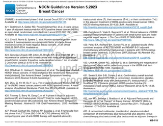 Version 5.2023 © 2023 National Comprehensive Cancer Network©
(NCCN©
), All rights reserved. NCCN Guidelines® and this illustration may not be reproduced in any form without the express written permission of NCCN.
NCCN Guidelines Version 5.2023
Breast Cancer
MS-116
(PHARE): a randomised phase 3 trial. Lancet Oncol 2013;14:741-748.
Available at: http://www.ncbi.nlm.nih.gov/pubmed/23764181.
421. Goldhirsch A, Gelber RD, Piccart-Gebhart MJ, et al. 2 years versus
1 year of adjuvant trastuzumab for HER2-positive breast cancer (HERA):
an open-label, randomised controlled trial. Lancet 2013;382:1021-1028.
Available at: http://www.ncbi.nlm.nih.gov/pubmed/23871490.
422. Chia S, Norris B, Speers C, et al. Human epidermal growth factor
receptor 2 overexpression as a prognostic factor in a large tissue
microarray series of node-negative breast cancers. J Clin Oncol
2008;26:5697-5704. Available at:
http://www.ncbi.nlm.nih.gov/pubmed/19001334.
423. Gonzalez-Angulo AM, Litton JK, Broglio KR, et al. High risk of
recurrence for patients with breast cancer who have human epidermal
growth factor receptor 2-positive, node-negative tumors 1 cm or smaller.
J Clin Oncol 2009;27:5700-5706. Available at:
http://www.ncbi.nlm.nih.gov/pubmed/19884543.
424. O'Sullivan C, Holmes E, Spielmann M, et al. The prognosis of small
HER2+ breast cancers: A meta-analysis of the randomized trastuzumab
trials [abstract]. San Antonio Breast Cancer Symposium Meeting
Abstracts 2013:Abstract S 6-03 Available at:
425. Zhou Q, Yin W, Du Y, Lu J. For or against adjuvant trastuzumab for
pT1a-bN0M0 breast cancer patients with HER2-positive tumors: A meta-
analysis of published literatures. PLoS One 2014;9:e83646. Available at:
http://www.ncbi.nlm.nih.gov/pubmed/24392090.
426. Tolaney S, Barry W, Dang C, et al. A phase II study of adjuvant
paclitaxel (T) and trastuzumab (H) (APT trial) for node-negative, HER2-
positive breast cancer (BC) [abstract]. San Antonio Breast Symposium
Meeting Abstract ; Abstract S 1-04 (Oral Presentation). 2013. Available
at:
427. Piccart-Gebhart MJ, Holmes AP, Baselga J, et al. First results from
the phase III ALTTO trial (BIG 2-06; NCCTG [Alliance] N063D)
comparing one year of anti-HER2 therapy with lapatinib alone (L),
trastuzumab alone (T), their sequence (T-L), or their combination (T+L)
in the adjuvant treatment of HER2-positive early breast cancer (EBC).
ASCO Meeting Abstracts 2014;32:LBA4. Available at:
http://meeting.ascopubs.org/cgi/content/abstract/32/18_suppl/LBA4.
428. Curigliano G, Viale G, Bagnardi V, et al. Clinical relevance of HER2
overexpression/amplification in patients with small tumor size and node-
negative breast cancer. J Clin Oncol 2009;27:5693-5699. Available at:
http://www.ncbi.nlm.nih.gov/pubmed/19884553.
429. Perez EA, Romond EH, Suman VJ, et al. Updated results of the
combined analysis of NCCTG N9831 and NSABP B-31 adjuvant
chemotherapy with/without trastuzumab in patients with HER2-positive
breast cancer [abstract]. J Clin Oncol 2007;25(Suppl 18):Abstract 512.
Available at:
http://meeting.ascopubs.org/cgi/content/abstract/25/18_suppl/512.
430. Untch M, Gelber RD, Jackisch C, et al. Estimating the magnitude of
trastuzumab effects within patient subgroups in the HERA trial. Ann
Oncol 2008;19:1090-1096. Available at:
http://www.ncbi.nlm.nih.gov/pubmed/18296421.
431. Swain S, Kim S-B, Cortes J, et al. Confirmatory overall survival
(OS) analysis of CLEOPATRA: a randomized, double-blind, placebo-
controlled Phase III study with pertuzumab (P), trastuzumab (T), and
docetaxel (D) in patients (pts) with HER2-positive first-line (1L)
metastatic breast cancer (MBC). Cancer Research 2012;72:P5-18-26.
Available at:
http://cancerres.aacrjournals.org/cgi/content/meeting_abstract/72/24_Me
etingAbstracts/P5-18-26.
432. von MG, Baselga J, Bradbury I, et al. Adjuvant Pertuzumab and
Herceptin IN IniTial TherapY of Breast Cancer: APHINITY (BIG 4–
11/BO25126/TOC4939g) [abstract]. Cancer Res 2011; 71(Suppl 24
):Abstract OT1-02-04. Available at:
433. A randomized multicenter, double-blind, placebo-controlled
comparison of chemotherapy plus trastuzumab plus placebo versus
chemotherapy plus trastuzumab plus pertuzumab as adjuvant therapy in
Printed by ann cocos on 1/21/2024 2:12:20 AM. For personal use only. Not approved for distribution. Copyright © 2024 National Comprehensive Cancer Network, Inc., All Rights Reserved.
 