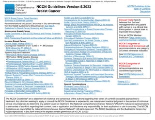 NCCN Guidelines Version 5.2023
Breast Cancer
Version 5.2023, 12/05/23 © 2023 National Comprehensive Cancer Network®
(NCCN®
), All rights reserved. NCCN Guidelines®
and this illustration may not be reproduced in any form without the express written permission of NCCN.
The NCCN Guidelines®
are a statement of evidence and consensus of the authors regarding their views of currently accepted approaches to
treatment. Any clinician seeking to apply or consult the NCCN Guidelines is expected to use independent medical judgment in the context of individual
clinical circumstances to determine any patient’s care or treatment. The National Comprehensive Cancer Network®
(NCCN®
) makes no representations
or warranties of any kind regarding their content, use or application and disclaims any responsibility for their application or use in any way. The NCCN
Guidelines are copyrighted by National Comprehensive Cancer Network®
. All rights reserved. The NCCN Guidelines and the illustrations herein may
not be reproduced in any form without the express written permission of NCCN. ©2023.
NCCN Guidelines Index
Table of Contents
Discussion
Clinical Trials: NCCN
believes that the best
management for any patient
with cancer is in a clinical trial.
Participation in clinical trials is
especially encouraged.
Find an NCCN Member
Institution: https://www.nccn.
org/home/member-institutions.
NCCN Categories of
Evidence and Consensus: All
recommendations are category
2A unless otherwise indicated.
See NCCN Categories of
Evidence and Consensus.
NCCN Categories of
Preference:
All recommendations are
considered appropriate.
See NCCN Categories of
Preference.
NCCN Breast Cancer Panel Members
Summary of Guidelines Updates
Recommendations for Lobular Carcinoma In Situ were removed
from the NCCN Guidelines for Breast Cancer. See NCCN
Guidelines for Breast Cancer Screening and Diagnosis
Noninvasive Breast Cancer
D
uctal Carcinoma In Situ (DCIS) Workup and Primary Treatment
(DCIS-1)
D
CIS Postsurgical Treatment and Surveillance/Follow-up (DCIS-2)
Invasive Breast Cancer
Clinical Stage, Workup (BINV-1)
Locoregional Treatment of cT1-3,cN0 or N+,M0 Disease
• BCS followed by RT (BINV-2)
• Mastectomy Followed by RT (BINV-3)
Systemic Adjuvant Treatment
• HR-Positive HER2-Positive Disease (BINV-5)
• HR-Positive HER2-Negative Disease:
Postmenopausal Patients (BINV-6)
Premenopausal Patients with pT1-3, pN0 (BINV-7)
Premenopausal Patients with pT1-3, pN+ (BINV-8)
• HR-Negative HER2-Positive Disease (BINV-9)
• HR-Negative HER2-Negative Disease (BINV-10)
• Favorable Histologies (BINV-11)
Workup Prior to Preoperative Systemic Therapy (BINV-12)
A
djuvant Systemic Therapy After Preoperative Systemic
Therapy (BINV-16)
Surveillance/Follow-up (BINV-17)
Recurrent/Stage IV (M1) Disease (BINV-18)
Treatment of Local and Regional Recurrence (BINV-19)
S
ystemic Treatment of Recurrent Unresectable (Local or
Regional) or Stage IV (M1) Disease (BINV-20)
Principles of Biomarker Testing (BINV-A)
Principles of Dedicated Breast MRI Testing (BINV-B)
Fertility and Birth Control (BINV-C)
Considerations for Surgical Axillary Staging (BINV-D)
Axillary Lymph Node Staging (BINV-E)
M
argin Status Recommendations After BCS for Invasive
Cancers and DCIS (BINV-F)
S
pecial Considerations to Breast Conservation Therapy
Requiring RT (BINV-G)
P
rinciples of Breast Reconstruction Following
Surgery (BINV-H)
Principles of Radiation Therapy (BINV-I)
S
pecial Considerations for Breast Cancer in Males
(Sex Assigned at Birth) (BINV-J)
Adjuvant Endocrine Therapy (BINV-K)
Preoperative/Adjuvant Therapy Regimens (BINV-L)
Principles of Preoperative Systemic Therapy (BINV-M)
G
ene Expression Assays for Consideration of Adjuvant
Systemic Therapy (BINV-N)
Definition of Menopause (BINV-O)
S
ystemic Therapy for ER- and/or PR-Positive Recurrent
Unresectable (Local or Regional) or Stage IV (M1)
Disease (BINV-P)
S
ystemic Therapy Regimens for Recurrent Unresectable
(Local or Regional) or Stage IV (M1) Disease (BINV-Q)
Systemic Chemotherapy for HR-Positive or -Negative and
HER-2 Negative (BINV-Q 5)
A
dditional Targeted Therapies and Associated Biomarker
Testing for Recurrent Unresectable (Local or Regional)
or Stage IV (M1) Disease (BINV-Q 6)
Principles of Monitoring Metastatic Disease (BINV-R)
Special Considerations
Phyllodes Tumor (PHYLL-1)
Paget Disease (PAGET-1)
Breast Cancer During Pregnancy (PREG-1)
Inflammatory Breast Cancer (IBC-1)
Staging (ST-1)
Abbreviations (ABBR-1)
Printed by ann cocos on 1/21/2024 2:12:20 AM. For personal use only. Not approved for distribution. Copyright © 2024 National Comprehensive Cancer Network, Inc., All Rights Reserved.
 