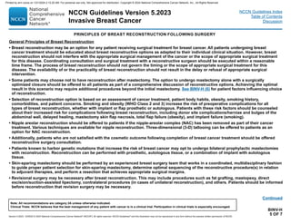 Version 5.2023, 12/05/23 © 2023 National Comprehensive Cancer Network®
(NCCN®
), All rights reserved. NCCN Guidelines®
and this illustration may not be reproduced in any form without the express written permission of NCCN.
NCCN Guidelines Version 5.2023
Invasive Breast Cancer
Note: All recommendations are category 2A unless otherwise indicated.
Clinical Trials: NCCN believes that the best management of any patient with cancer is in a clinical trial. Participation in clinical trials is especially encouraged.
NCCN Guidelines Index
Table of Contents
Discussion
BINV-H
5 OF 7
General Principles of Breast Reconstruction
• Breast reconstruction may be an option for any patient receiving surgical treatment for breast cancer. All patients undergoing breast
cancer treatment should be educated about breast reconstructive options as adapted to their individual clinical situation. However, breast
reconstruction should not interfere with the appropriate surgical management of the cancer or the scope of appropriate surgical treatment
for this disease. Coordinating consultation and surgical treatment with a reconstructive surgeon should be executed within a reasonable
time frame. The process of breast reconstruction should not govern the timing or the scope of appropriate surgical treatment for this
disease. The availability of or the practicality of breast reconstruction should not result in the delay or refusal of appropriate surgical
intervention.
• Some patients may choose not to have reconstruction after mastectomy. The option to undergo mastectomy alone with a surgically
optimized closure should be offered to all patients as part of a comprehensive discussion of reconstructive options. Achieving the optimal
result in this scenario may require additional procedures beyond the initial mastectomy. See BINV-H (6) for patient factors influencing choice
of reconstruction.
• Selection of reconstruction option is based on an assessment of cancer treatment, patient body habits, obesity, smoking history,
comorbidities, and patient concerns. Smoking and obesity (WHO Class 2 and 3) increase the risk of preoperative complications for all
types of breast reconstruction, whether with implant or flap prosthetic or autologous. Patients with these risk factors should be counseled
about their increased risk for complications following breast reconstruction, including donor site complications/hernias and bulges of the
abdominal wall, delayed healing, mastectomy skin flap necrosis, total flap failure (obesity), and implant failure (smoking).
• Nipple areolar reconstruction should be offered to patients if the nipple-areolar complex (NAC) has been removed as part of their cancer
treatment. Various techniques are available for nipple reconstruction. Three-dimensional (3-D) tattooing can be offered to patients as an
option for NAC reconstruction.
• Additionally, patients who are not satisfied with the cosmetic outcome following completion of breast cancer treatment should be offered
reconstructive surgery consultation.
• Patients known to harbor genetic mutations that increase the risk of breast cancer may opt to undergo bilateral prophylactic mastectomies
with reconstruction. Reconstruction can be performed with prosthetic, autologous tissue, or a combination of implant with autologous
tissue.
• Skin-sparing mastectomy should be performed by an experienced breast surgery team that works in a coordinated, multidisciplinary fashion
to guide proper patient selection for skin-sparing mastectomy, determine optimal sequencing of the reconstructive procedure(s) in relation
to adjuvant therapies, and perform a resection that achieves appropriate surgical margins.
• Revisional surgery may be necessary after breast reconstruction. This may include procedures such as fat grafting, mastopexy, direct
excision/suction-assisted lipectomy, contralateral procedures (in cases of unilateral reconstruction), and others. Patients should be informed
before reconstruction that revision surgery may be necessary.
PRINCIPLES OF BREAST RECONSTRUCTION FOLLOWING SURGERY
Continued
Printed by ann cocos on 1/21/2024 2:12:20 AM. For personal use only. Not approved for distribution. Copyright © 2024 National Comprehensive Cancer Network, Inc., All Rights Reserved.
 