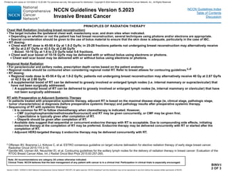 Version 5.2023, 12/05/23 © 2023 National Comprehensive Cancer Network®
(NCCN®
), All rights reserved. NCCN Guidelines®
and this illustration may not be reproduced in any form without the express written permission of NCCN.
NCCN Guidelines Version 5.2023
Invasive Breast Cancer
Note: All recommendations are category 2A unless otherwise indicated.
Clinical Trials: NCCN believes that the best management of any patient with cancer is in a clinical trial. Participation in clinical trials is especially encouraged.
NCCN Guidelines Index
Table of Contents
Discussion
BINV-I
2 OF 3
PRINCIPLES OF RADIATION THERAPY
Chest Wall Radiation (including breast reconstruction)
• The target includes the ipsilateral chest wall, mastectomy scar, and drain sites when indicated.
Depending on whether or not the patient has had breast reconstruction, several techniques using photons and/or electrons are appropriate.
Special consideration should be given to the use of bolus material to ensure that the skin dose is adequate, particularly in the case of IBC.
• RT dosing:
Chest wall RT dose is 45-50.4 Gy at 1.8-2 Gy/fx; in 25-28 fractions patients not undergoing breast reconstruction may alternatively receive
40 Gy at 2.67 Gy/fx or 42.5 Gy at 2.66 Gy/fx
◊ Boost: 10-16 Gy at 1.8 to 2.0 Gy/fx total 5-8 fractions.
Chest wall scar boost of 10-16 Gy/fx may be delivered with or without bolus using electrons or photons.
Chest wall scar boost may be delivered with or without bolus using electrons or photons.
Regional Nodal Radiation
• For paraclavicular and axillary nodes, prescription depth varies based on the patient anatomy.
• Regional nodes should be contoured when considering regional nodal RT. Refer to breast atlases for contouring guidelines.c,d
• RT dosing:
Regional node dose is 45-50.4 Gy at 1.8-2 Gy/fx; patients not undergoing breast reconstruction may alternatively receive 40 Gy at 2.67 Gy/fx
or 42.5 Gy at 2.66 Gy/fx
A supplemental boost of RT can be delivered to grossly involved or enlarged lymph nodes (i.e. internal mammary or supraclavicular) that
have not been surgically addressed.
◊ A supplemental boost of RT can be delivered to grossly involved or enlarged lymph nodes (ie, internal mammary or clavicular) that have
not been surgically addressed.
RT with Preoperative or Adjuvant Systemic Therapy
• In patients treated with preoperative systemic therapy, adjuvant RT is based on the maximal disease stage (ie, clinical stage, pathologic stage,
tumor characteristics) at diagnosis (before preoperative systemic therapy) and pathology results after preoperative systemic therapy.
• Sequencing of RT with systemic therapy:
◊ It is common for RT to follow chemotherapy when chemotherapy is indicated. However,
– CMF (cyclophosphamide/methotrexate/fluorouracil) and RT may be given concurrently, or CMF may be given first.
– Capecitabine is typically given after completion of RT.
– Olaparib should be given after completion of RT.
◊ Available data suggest that sequential or concurrent endocrine therapy with RT is acceptable. Due to compounding side effects, initiating
endocrine therapy at the completion of RT may be preferred. Endocrine therapy may be delivered concurrently with RT or started after the
completion of RT.
◊ Adjuvant HER2-targeted therapy ± endocrine therapy may be delivered concurrently with RT.
c Offersen BV, Boersma LJ, Kirkove C, et al. ESTRO consensus guideline on target volume delineation for elective radiation therapy of early stage breast cancer.
Radiother Oncol 2015;114:3-10.
d Gentile MS, Usman AA, Neuschler EI, et al. Contouring guidelines for the axillary lymph nodes for the delivery of radiation therapy in breast cancer: Evaluation of the
RTOG Breast Cancer Atlas. Int J Radiat Oncol Biol Phys 2015;93:257-265.
Printed by ann cocos on 1/21/2024 2:12:20 AM. For personal use only. Not approved for distribution. Copyright © 2024 National Comprehensive Cancer Network, Inc., All Rights Reserved.
 