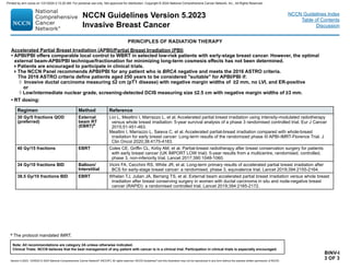 Version 5.2023, 12/05/23 © 2023 National Comprehensive Cancer Network®
(NCCN®
), All rights reserved. NCCN Guidelines®
and this illustration may not be reproduced in any form without the express written permission of NCCN.
NCCN Guidelines Version 5.2023
Invasive Breast Cancer
Note: All recommendations are category 2A unless otherwise indicated.
Clinical Trials: NCCN believes that the best management of any patient with cancer is in a clinical trial. Participation in clinical trials is especially encouraged.
NCCN Guidelines Index
Table of Contents
Discussion
BINV-I
3 OF 3
PRINCIPLES OF RADIATION THERAPY
Accelerated Partial Breast Irradiation (APBI)/Partial Breast Irradiation (PBI)
• APBI/PBI offers comparable local control to WBRT in selected low-risk patients with early-stage breast cancer. However, the optimal
external beam-APBI/PBI technique/fractionation for minimizing long-term cosmesis effects has not been determined.
Patients are encouraged to participate in clinical trials.
The NCCN Panel recommends APBI/PBI for any patient who is BRCA negative and meets the 2016 ASTRO criteria.
The 2016 ASTRO criteria define patients aged ≥50 years to be considered suitable for APBI/PBI if:
◊ Invasive ductal carcinoma measuring ≤2 cm (pT1 disease) with negative margin widths of ≥2 mm, no LVI, and ER-positive
or
◊ 
Low/intermediate nuclear grade, screening-detected DCIS measuring size ≤2.5 cm with negative margin widths of ≥3 mm.
• RT dosing:
Regimen Method Reference
30 Gy/5 fractions QOD
(preferred)
External
beam RT
(EBRT)e
Livi L, Meattini I, Marrazzo L, et al. Accelerated partial breast irradiation using intensity-modulated radiotherapy
versus whole breast irradiation: 5-year survival analysis of a phase 3 randomised controlled trial. Eur J Cancer
2015;51:451-463.
Meattini I, Marrazzo L, Saieva C, et al. Accelerated partial-breast irradiation compared with whole-breast
irradiation for early breast cancer: Long-term results of the randomized phase III APBI-IMRT-Florence Trial. J
Clin Oncol 2020;38:4175-4183.
40 Gy/15 fractions EBRT Coles CE, Griffin CL, Kirby AM, et al. Partial-breast radiotherapy after breast conservation surgery for patients
with early breast cancer (UK IMPORT LOW trial): 5-year results from a multicentre, randomised, controlled,
phase 3, non-inferiority trial. Lancet 2017;390:1048-1060.
34 Gy/10 fractions BID Balloon/
Interstitial
Vicini FA, Cecchini RS, White JR, et al. Long-term primary results of accelerated partial breast irradiation after
BCS for early-stage breast cancer: a randomised, phase 3, equivalence trial. Lancet 2019;394:2155-2164.
38.5 Gy/10 fractions BID EBRT Whelan TJ, Julian JA, Berrang TS, et al. External beam accelerated partial breast irradiation versus whole breast
irradiation after breast conserving surgery in women with ductal carcinoma in situ and node-negative breast
cancer (RAPID): a randomised controlled trial. Lancet 2019;394:2165-2172.
e The protocol mandated IMRT.
Printed by ann cocos on 1/21/2024 2:12:20 AM. For personal use only. Not approved for distribution. Copyright © 2024 National Comprehensive Cancer Network, Inc., All Rights Reserved.
 