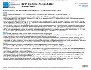 NCCN Guidelines Version 5.2023
Breast Cancer
Version 5.2023, 12/05/23 © 2023 National Comprehensive Cancer Network®
(NCCN®
), All rights reserved. NCCN Guidelines®
and this illustration may not be reproduced in any form without the express written permission of NCCN.
NCCN Guidelines Index
Table of Contents
Discussion
UPDATES
BINV-9
• pN+ (≥1 ipsilateral metastases 2 mm), modified: Adjuvant chemotherapy with trastuzumab + pertuzumab (category 1)
BINV-12
• Additional workup, additional tests to consider, 4th bullet modified: FDG PET/CT (optional) (useful in certain circumstances)
• Footnote removed: Bone scan or sodium fluoride PET/CT may not be needed if FDG PET/CT is performed and clearly indicates bone metastasis,
on both the PET and CT component.
• Footnote removed: FDG PET/CT may be performed at the same time as diagnostic CT, and may be helpful in situations where standard staging
studies are equivocal or suspicious. FDG PET/CT may also be helpful in identifying unsuspected regional nodal disease and/or distant metastases
when used in addition to standard staging studies.
• Footnote added: FDG PET/CT is most beneficial and accurate for advanced disease (stage III) and invasive ductal (compared to lobular) histology,
but may be useful in selected circumstances of earlier stage disease (stage IIA disease: T1N1, T2N0) such as: equivocal CT+ bone scan results;
suspicion of undetected nodal and/or distant disease; and treatment response assessment. An FDG-PET/CT may be utilized as an adjunct to, or in
lieu of, initial standard staging and may be performed simultaneously with diagnostic CT. Conversely, a bone scan or sodium fluoride PET/CT may
not be needed if an upfront FDG PET/CT clearly indicates consistent findings on both PET and CT components.
BINV-14
• BCS possible, modified: BCS with surgical axillary staging ± oncoplastic reconstruction
• Footnote m added: Includes techniques such as local tissue rearrangement, local flaps, regional flaps, breast reduction and mastopexy to allow for
greater volumes of resection while optimizing aesthetic outcomes in patients undergoing BCS.
• Footnote vv modified: The accurate assessment of in-breast tumor or regional lymph node response to preoperative systemic therapy is difficult,
and should include physical examination and performance of imaging studies (mammogram and/or breast ultrasound and/or breast MRI) that were
abnormal at the time of initial tumor staging. Selection of imaging methods prior to surgery should be determined by the multidisciplinary team. MRI
is more accurate than mammography for assessing tumor response to adjuvant therapy.(Also on BINV-15)
BINV-15
• Locoregional treatment, modified: Consider additional systemic chemotherapy and/or preoperative radiation
• Footnote xx modified: Complete planned chemotherapy systemic therapy regimen course, if not completed preoperatively.
BINV-16
• HR-negative/HER2-positive, ypT1-4,N0 or ypN≥1, modified: If ado-trastuzumab emtansine discontinued for toxicity, then trastuzumab (category 1)
± pertuzumab to complete 1 year of therapy complete (up to) 1 year of HER2-directed therapy with trastuzumab +/- pertuzumab. If node positive at
initial staging, trastuzumab + pertuzumab (category 1)
• HR-positive/HER2-positive, ypT0N0 or pCR, modified: Endocrine therapy (category 1) + complete up to one year of HER2-targeted therapy with
trastuzumab (category 1) ± pertuzumab complete (up to) 1 year of HER2-directed therapy with trastuzumab +/- pertuzumab. If node positive at
initial staging, trastuzumab + pertuzumab (category 1)
• Footnote ccc modified: There are no data on sequencing or to guide selection of an adjuvant therapy. There are no data on sequencing or
combining adjuvant capecitabine, pembrolizumab and/or olaparib in patients who meet criteria for treatment with one or more of these agents.
However, their sequential/combined use may be considered in certain patients with high-risk of recurrence.
Updates in Version 1.2023 of the NCCN Guidelines for Breast Cancer from Version 4.2022 include:
Continued
Printed by ann cocos on 1/21/2024 2:12:20 AM. For personal use only. Not approved for distribution. Copyright © 2024 National Comprehensive Cancer Network, Inc., All Rights Reserved.
 