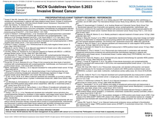 Version 5.2023, 12/05/23 © 2023 National Comprehensive Cancer Network®
(NCCN®
), All rights reserved. NCCN Guidelines®
and this illustration may not be reproduced in any form without the express written permission of NCCN.
NCCN Guidelines Version 5.2023
Invasive Breast Cancer
Note: All recommendations are category 2A unless otherwise indicated.
Clinical Trials: NCCN believes that the best management of any patient with cancer is in a clinical trial. Participation in clinical trials is especially encouraged.
NCCN Guidelines Index
Table of Contents
Discussion
BINV-L
9 OF 9
PREOPERATIVE/ADJUVANT THERAPY REGIMENS - REFERENCES
1 Gupta S, Nair NS, Hawaldar RW, et al. Addition of platinum to sequential taxane-anthracycline
neoadjuvant chemotherapy in patients with triple-negative breast cancer: A phase III randomized
controlled trial. Presented at: 2022 San Antonio Breast Cancer Symposium; December 6-10,
2022; San Antonio, TX. Abstract GS5-01.
2 Citron ML, Berry DA, Cirrincione C, et al. Randomized trial of dose-dense versus conventionally
scheduled and sequential versus concurrent combination chemotherapy as postoperative adjuvant
treatment of node-positive primary breast cancer: First report of intergroup trial C9741/cancer and
leukemia group B trial 9741. J Clin Oncol 2003;21:1431-1439.
3 Jones S, Holmes F, O’Shaughnessey J, et al. Docetaxel with cyclophosphamide is associated
with an overall survival benefit compared with doxorubicin and cyclophosphamide: 7-year
follow-up of US Oncology Research trial 9735. J Clin Oncol 2009;27:1177-1183; Nitz U, Gluz
O, Clemens M, et al. West German Study PlanB Trial: Adjuvant four cycles of epirubicin and
cyclophosphamide plus docetaxel versus six cycles of docetaxel and cyclophosphamide in HER2-
negative early breast cancer. J Clin Oncol 2019;37:799-808.
4 Schmid P, Cortes J, Pusztai L, et al. Pembrolizumab for early triple-negative breast cancer. N
Engl J Med, 2020;382:810-821.
5 Masuda N, Lee SJ, Ohtani S, et al. Adjuvant capecitabine for breast cancer after preoperative
chemotherapy. N Engl J Med 2017;376:2147-2159.
6 Tutt ANJ, Garber JE, Kaufman B, et al. Adjuvant Olaparib for Patients with BRCA1- or BRCA2-
Mutated Breast Cancer. N Engl J Med 2021;384:2394-2405.
7 von Minckwitz G1, Raab G, Caputo A, et al. Doxorubicin with cyclophosphamide followed by
docetaxel every 21 days compared with doxorubicin and docetaxel every 14 days as preoperative
treatment in operable breast cancer: the GEPARDUO study of the German Breast Group. J Clin
Oncol 2005;23:2676-2685.
8 Piccart MJ, Di Leo A, Beauduin M, et al. Phase III trial comparing two dose levels of epirubicin
combined with cyclophosphamide with cyclophosphamide, methotrexate, and fluorouracil in node-
positive breast cancer. J Clin Oncol 2001;19:3103-3110.
9 Martin, Pienkowski T, Mackey J, et al. Adjuvant docetaxel for node-positive breast cancer. N Engl
J Med 2005;352:22.
10 Sharma P, Kimler BF, O'Dea A, et al. Randomized phase II trial of anthracycline-free and
anthracycline-containing neoadjuvant carboplatin chemotherapy regimens in stage I-III triple-
negative breast cancer (NeoSTOP). Clin Cancer Res 2021;27:975-982.
11 Yu KD, Ye FG, He M, et al. Effect of adjuvant paclitaxel and carboplatin on survival in women
with triple-negative breast cancer: A phase 3 randomized clinical trial. JAMA Oncol 2020;6:1390-
1396.
12 von Minckwitz G, Schneeweiss A, Loibl S, et al. Neoadjuvant carboplatin in patients with triple-
negative and HER2-positive early breast cancer (GeparSixto; GBG 66): a randomised phase 2
trial. Lancet Oncol 2014;15:747-756.
13 Sharma P, Lopez-Tarruella S, Garcia-Saenz J, et al. Efficacy of neoadjuvant carboplatin plus
docetaxel in triple-negative breast cancer: Combined analysis of two cohorts. Clin Cancer Res
2017;23:649-657.
14 Zhang L, Wu ZY, Li J, et al. Neoadjuvant docetaxel plus carboplatin versus epirubicin plus
cyclophosphamide followed by docetaxel in triple-negative, early-stage breast cancer (NeoCART):
Results from a multicenter, randomized controlled, open-label phase II trial. Int J Cancer
2022;150:654-662.
15 Fisher B, Brown AM, Dimitrov NV, et al. Two months of doxorubicin-cyclophosphamide with and
without interval reinduction therapy compared with 6 months of cyclophosphamide, methotrexate,
and fluorouracil in positive-node breast cancer patients with tamoxifen-nonresponsive tumors:
results from the National Surgical Adjuvant Breast and Bowel Project B-15. J Clin Oncol
1990;8:1483-1496.
16 Goldhirsch A, Colleoni M, Coates AS, et al: Adding adjuvant CMF chemotherapy to either radiotherapy or
tamoxifen: are all CMFs alike? The International Breast Cancer Study Group (IBCSG). Ann Oncol 1998;9:489-
493.
17 Jakesz R, Hausmaninger H, Kubista E, et al. Austrian Breast and Colorectal Cancer Study Group Trial
5. Randomized adjuvant trial of tamoxifen and goserelin versus cyclophosphamide, methotrexate, and
fluorouracil: evidence for the superiority of treatment with endocrine blockade in premenopausal patients with
hormone-responsive breast cancer--Austrian Breast and Colorectal Cancer Study Group Trial 5. J Clin Oncol
2002;20:4621-4627.
18 Sparano JA, Wang M, Martino S, et al. Weekly paclitaxel in adjuvant treatment of breast cancer. N Engl J Med
2008;258:1663-1671.
19 Wang X, Wang SS, Huang H, et al. Effect of capecitabine maintenance therapy using lower dosage and higher
frequency vs observation on disease-free survival among patients with early-stage triple-negative breast cancer
who had received standard treatment: The SYSUCC-001 randomized clinical trial. JAMA 2021;325:50-58.
20 Tolaney S, Barry W, Dang C, et al. Adjuvant paclitaxel and trastuzumab for node-negative HER2-positive
breast cancer. N Engl J Med 2015;372:134-141.
21 Slamon D, Eiermann W, Robert N, et al. Adjuvant trastuzumab in HER2-positive breast cancer. N Engl J Med
2011;365:1273-1283.
22 Schneeweiss A, Chia S, Hickish T, et al. Pertuzumab plus trastuzumab in combination with standard
neoadjuvant anthracycline-containing and anthracycline-free chemotherapy regimens in patients with
HER2-positive early breast cancer: a randomized phase II cardiac safety study (TRYPHAENA). Ann Oncol
2013;24:2278-2284.
23 Romond EH, Perez EZ, Bryant J, et al. Trastuzumab plus adjuvant chemotherapy for operable HER2 positive
breast cancer. N Engl J Med 2005;353:1673-1684.
24 Dang C, Fornier M, Sugarman S, et al: The safety of dose-dense doxorubicin and cyclophosphamide
followed by paclitaxel with trastuzumab in HER-2/neu over-expressed/amplified breast cancer. J Clin Oncol
2008;26:1216-1222.
25 Swain SM, Ewer MS, Viale G, et al. Pertuzumab, trastuzumab, and standard anthracycline- and taxane-
based chemotherapy for the neoadjuvant treatment of patients with HER2-positive localized breast cancer
(BERENICE): a phase II, open-label, multicenter, multinational cardiac safety study. Ann Oncol 2018;29:646-
653.
26 Jones SE, Collea R, Paul D, et al. Adjuvant docetaxel and cyclophosphamide plus trastuzumab in patients
with HER2-amplified early stage breast cancer: a single-group, open-label, phase 2 study. Lancet Oncol
2013;14:1121-1128.
27 Joensuu H, Kellokumpu-Lehtinen PL, Bono P, et al. Adjuvant docetaxel or vinorelbine with or without
trastuzumab for breast cancer. N Engl J Med 2006;354:809-820.
28 Gianni L, Pienkowski T, Im YH, et al. Efficacy and safety of neoadjuvant pertuzumab and trastuzumab in
women with locally advanced, inflammatory, or early HER2-positive breast cancer (NeoSphere): a randomised
multicentre, open-label, phase 2 trial. Lancet Oncol. 2012;13:25-32.
29 Chan A, Delaloge S, Holmes FA, et al. Neratinib after trastuzumab-based adjuvant therapy in patients with
HER2-positive breast cancer (ExteNET): a multicentre, randomised, double-blind, placebo-controlled, phase 3
trial. Lancet Oncol 2016;17:367-377.
30 Nitz UA, Gluz O, Christgen M, et al. De-escalation strategies in HER2-positive early breast cancer (EBC): final
analysis of the WSG-ADAPT HER2+/HR- phase II trial: efficacy, safety, and predictive markers for 12weeks of
neoadjuvant dual blockade with trastuzumab and pertuzumab ± weekly paclitaxel. Ann Oncol 2017;28:2768-
2772.
31 Tolaney SM, Tayob N, Dang C, et al. Adjuvant trastuzumab emtansine versus paclitaxel in 8combination
with trastuzumab for stage I HER2-positive breast cancer (ATEMPT): A randomized clinical trial. J Clin Oncol
2021;39:2375-2385.
Printed by ann cocos on 1/21/2024 2:12:20 AM. For personal use only. Not approved for distribution. Copyright © 2024 National Comprehensive Cancer Network, Inc., All Rights Reserved.
 