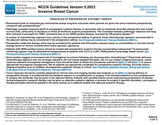 Version 5.2023, 12/05/23 © 2023 National Comprehensive Cancer Network®
(NCCN®
), All rights reserved. NCCN Guidelines®
and this illustration may not be reproduced in any form without the express written permission of NCCN.
NCCN Guidelines Version 5.2023
Invasive Breast Cancer
Note: All recommendations are category 2A unless otherwise indicated.
Clinical Trials: NCCN believes that the best management of any patient with cancer is in a clinical trial. Participation in clinical trials is especially encouraged.
NCCN Guidelines Index
Table of Contents
Discussion
BINV-M
2 OF 2
PRINCIPLES OF PREOPERATIVE SYSTEMIC THERAPY
• Randomized trials of chemotherapy demonstrate similar long-term outcomes when patients are given the same treatment preoperatively
compared with postoperatively.a
• Pathologic complete response (pCR) to preoperative systemic therapy is associated with an extremely favorable disease-free and overall
survival (OS), particularly in situations in which all treatment is given preoperatively. The correlation between pathologic response and long-
term outcome is strongest for TNBC, somewhat less so for HER2-positive disease, and least for ER-positive disease.b,c
• A number of chemotherapy regimens have activity in the preoperative setting. In general, those chemotherapy regimens recommended in
the adjuvant setting may be considered in the preoperative setting. See Preoperative/Adjuvant Therapy Regimens (BINV-L).
• Preoperative endocrine therapy alone may be considered for patients with ER-positive disease based on comorbidities or low-risk luminal
biology based on clinical characteristics and/or genomic signatures.
• Patients with HER2-positive tumors should be treated with preoperative systemic therapy incorporating trastuzumab.d A pertuzumab-
containing regimen may be administered preoperatively to patients with ≥ pT2 or ≥ pN1, HER2-positive early-stage breast cancer. See
Preoperative/Adjuvant Therapy Regimens (BINV-L).
• Some studies suggest an increased risk of locoregional recurrence following use of preoperative chemotherapy.e These trials delivered
chemotherapy regimens that are no longer standard, did not include targeted therapies, did not use modern imaging techniques, and/or
used non-standard locoregional management. Care should be taken to follow the procedures outlined in BINV-12 and BINV-14 to assure
appropriate locoregional management. Not all patients are appropriate candidates for preoperative systemic therapy. Accurate clinical
staging at baseline prior to initiation of preoperative systemic therapy is critical. See Potentially Operable Disease: Breast and Axillary
Evaluation Prior to Preoperative Systemic Therapy (BINV-12).
• Tumor response should be routinely assessed by clinical exam and imaging studies (see footnote uu on BINV-13) during delivery of
preoperative therapy. It is preferred that the standard regimen is completed prior to surgery. If all intended treatment is not completed prior
to surgery, the remainder may be given in the adjuvant setting. Patients with operable breast cancer experiencing progression of disease
during preoperative systemic therapy may be given an alternate systemic regimen or proceed to surgery if deemed resectable. Locoregional
therapy principles should be applied in the same manner as in patients treated with adjuvant systemic therapy.
a Rastogi P, Anderson SJ, Bear HD, et al. Preoperative chemotherapy: Updates of
National Surgical Adjuvant Breast and Bowel Project Protocols B-18 and B-27. J
Clin Oncol 2008;26:778-785.
b von Minckwitz G, Untch M, Blohmer JU, et al. Definition and impact of pathologic
complete response on prognosis after neoadjuvant chemotherapy in various
intrinsic breast cancer subtypes. J Clin Oncol 2012;30:1796-1804.
c Cortazar P, Zhang L, Untch M, et al. Pathological complete response and long-
term clinical benefit in breast cancer: the CTNeoBC pooled analysis. Lancet
2014;384:164-172.
d An FDA-approved biosimilar is an appropriate substitute for trastuzumab.
e Early Breast Cancer Trialists' Collaborative Group (EBTCG). Long-term
outcomes for neoadjuvant versus adjuvant chemotherapy in early breast cancer:
metaanalysis of individual patient data from ten randomised trials. Lancet Oncol
2018;19:27-39.
Printed by ann cocos on 1/21/2024 2:12:20 AM. For personal use only. Not approved for distribution. Copyright © 2024 National Comprehensive Cancer Network, Inc., All Rights Reserved.
 